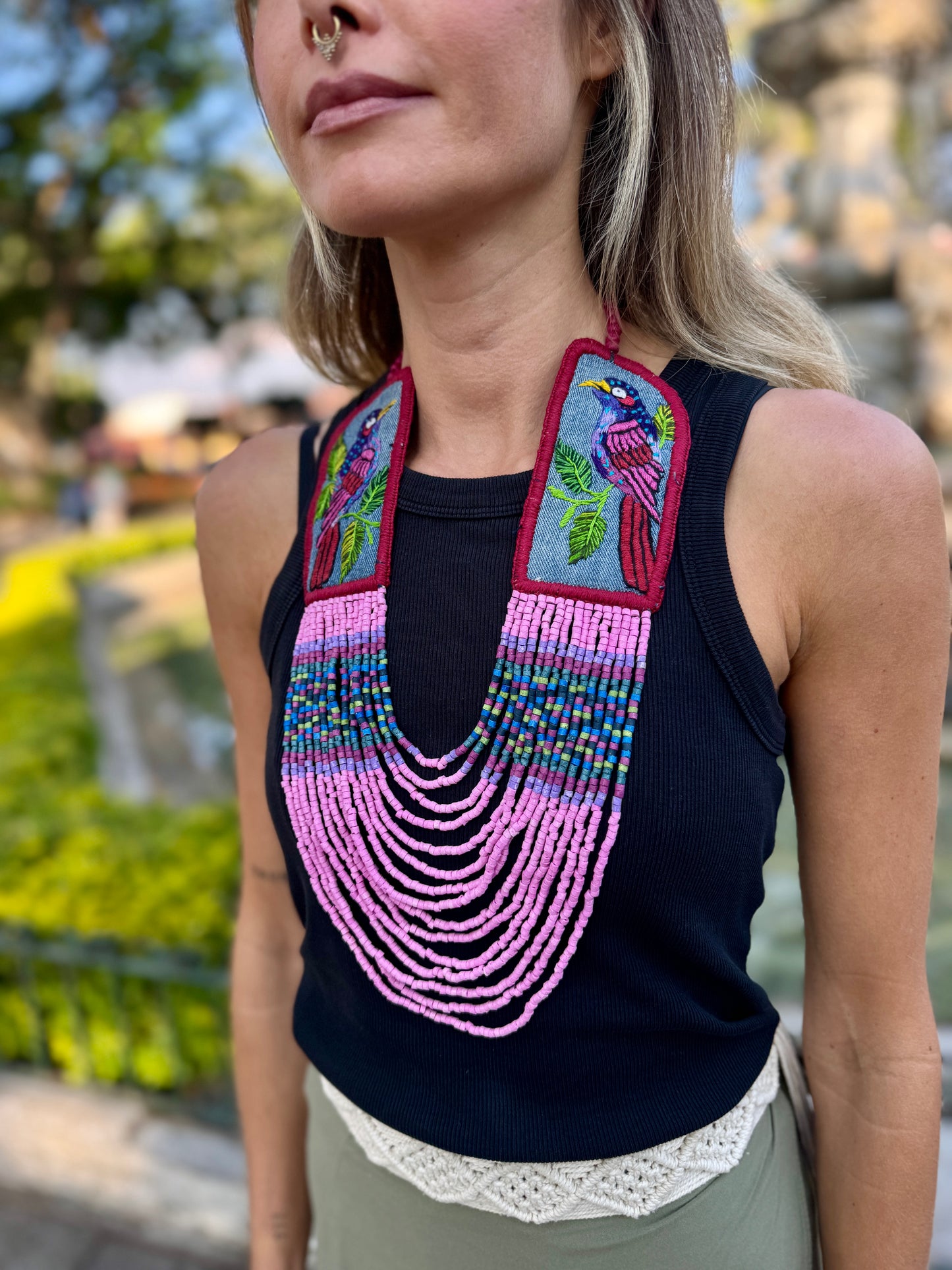 Adjustable Necklace with Guatemalan Bird Embroidery from Santiago with Ceramic Beads, pink