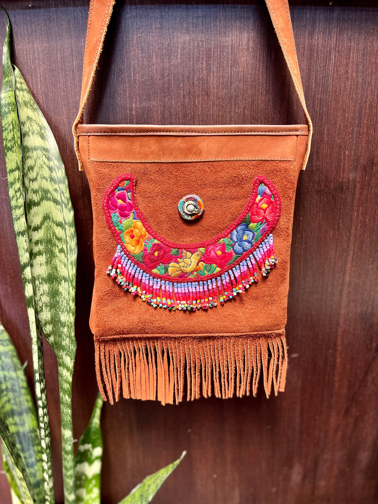 Adjustable Messenger Bag - "Jade goddess", brown suede leather