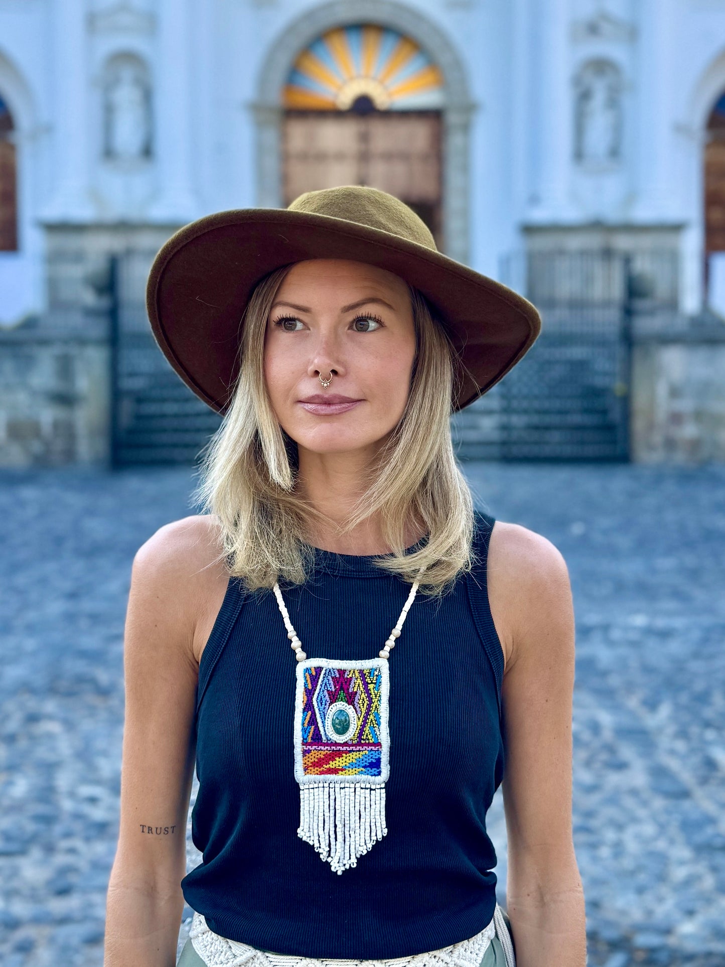 Vintage Chichicastenango Textile Pendant Necklace with Jade & Bead Fringe, white/multicolor
