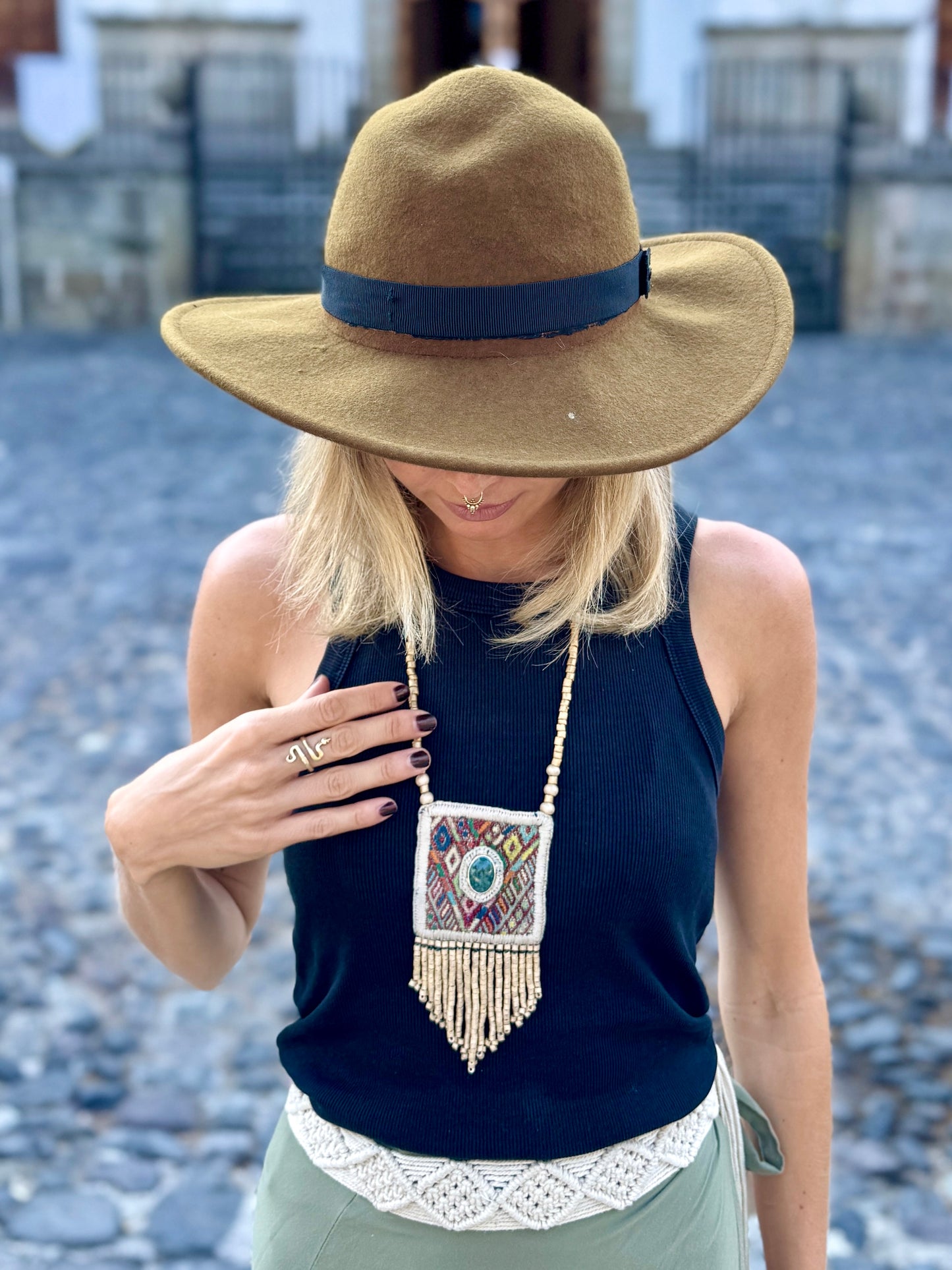 Vintage Chichicastenango Textile Pendant Necklace with Jade & Bead Fringe, golden beige
