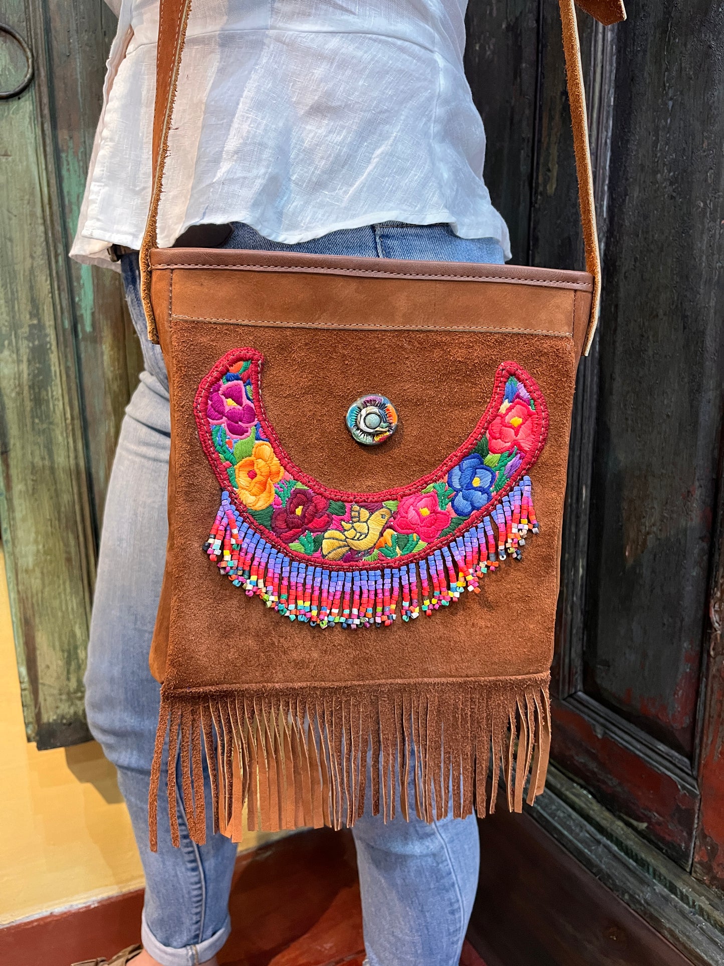 Adjustable Messenger Bag - "Jade goddess", brown suede leather