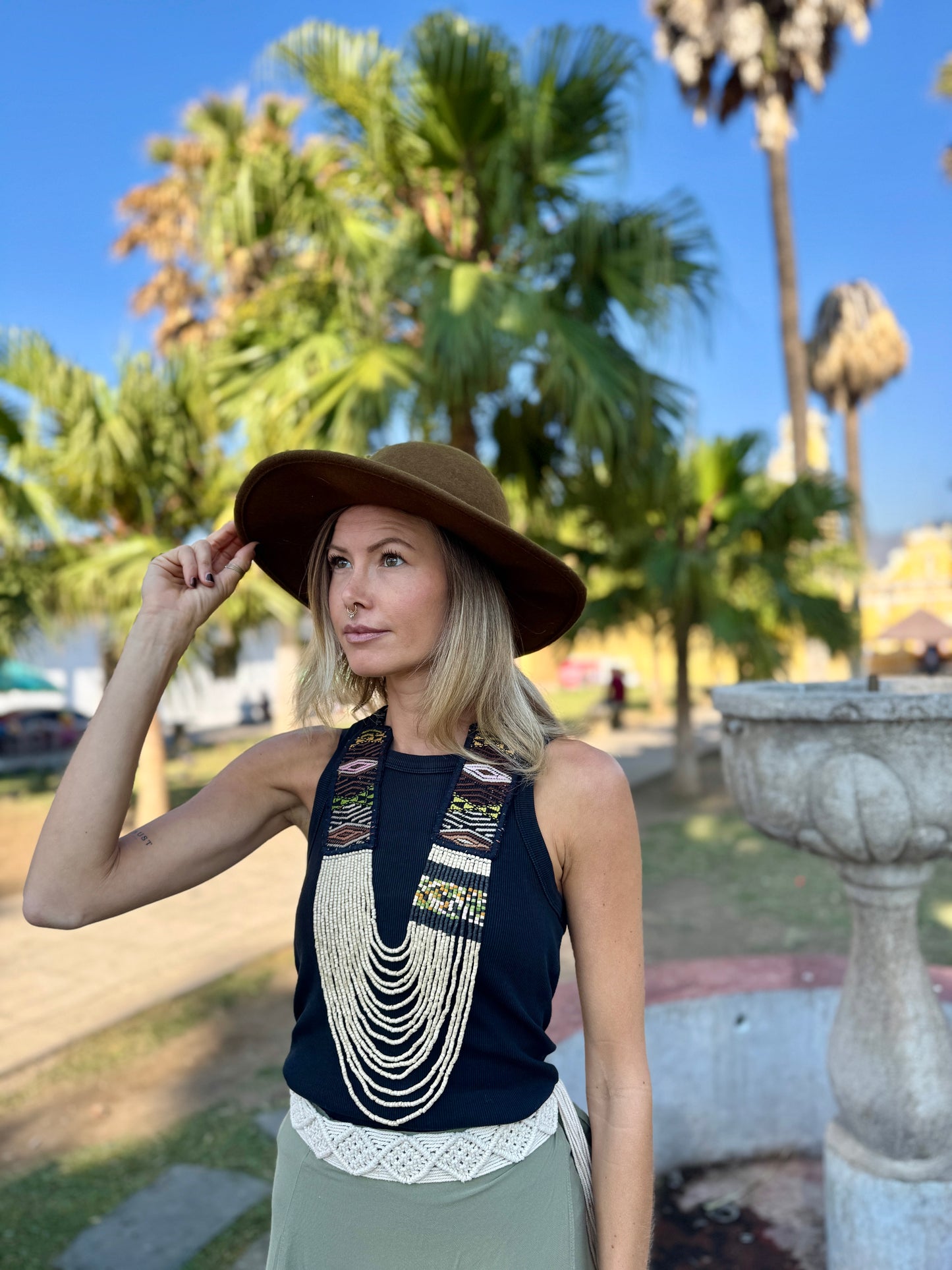 Adjustable Ceramic Beaded Strand Necklace with Vintage Chichi Huipil Textile, gold/black