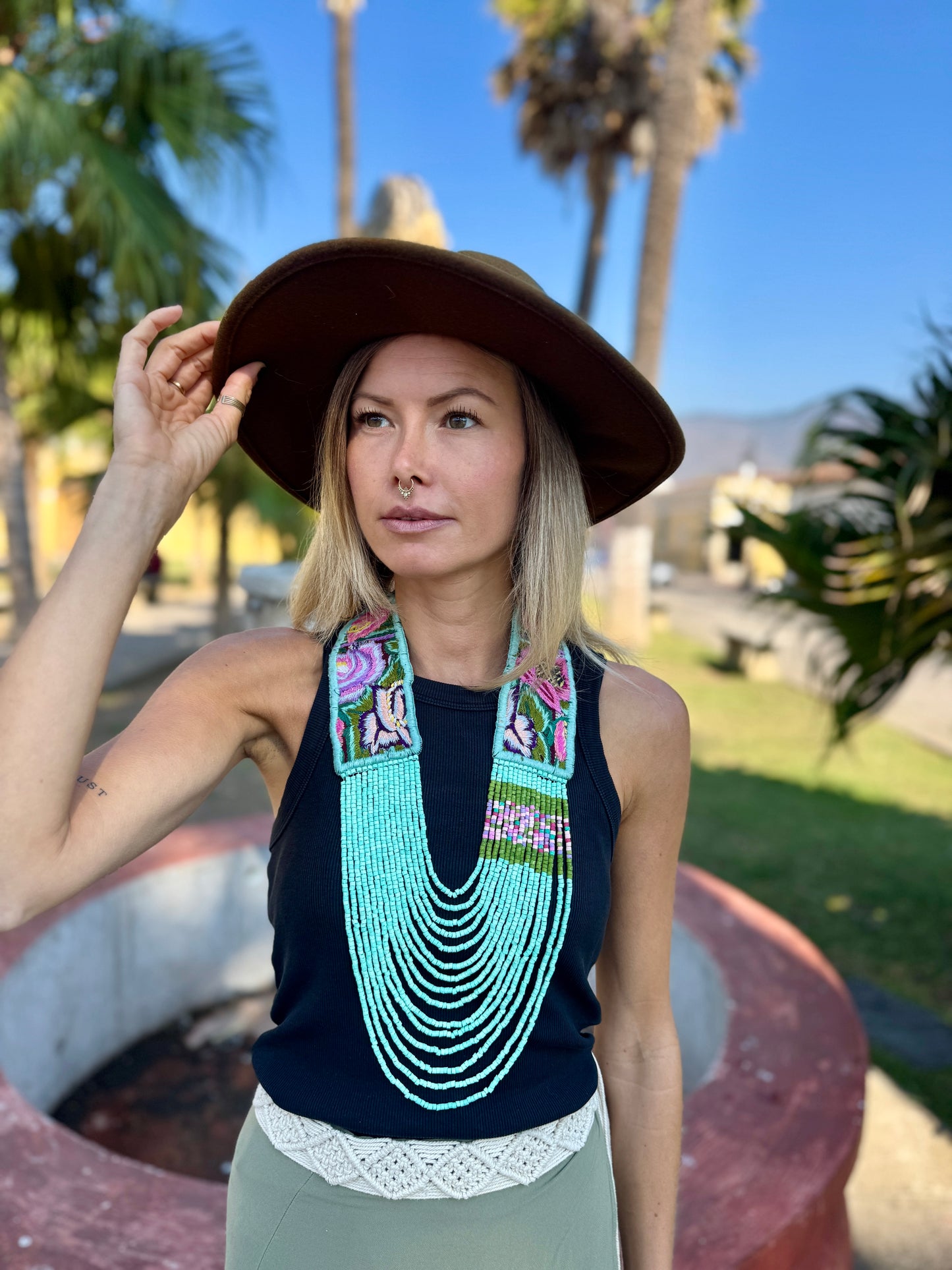 Adjustable Ceramic Beaded Strand Necklace with Patzún Floral Huipil Textile, turquoise/pink