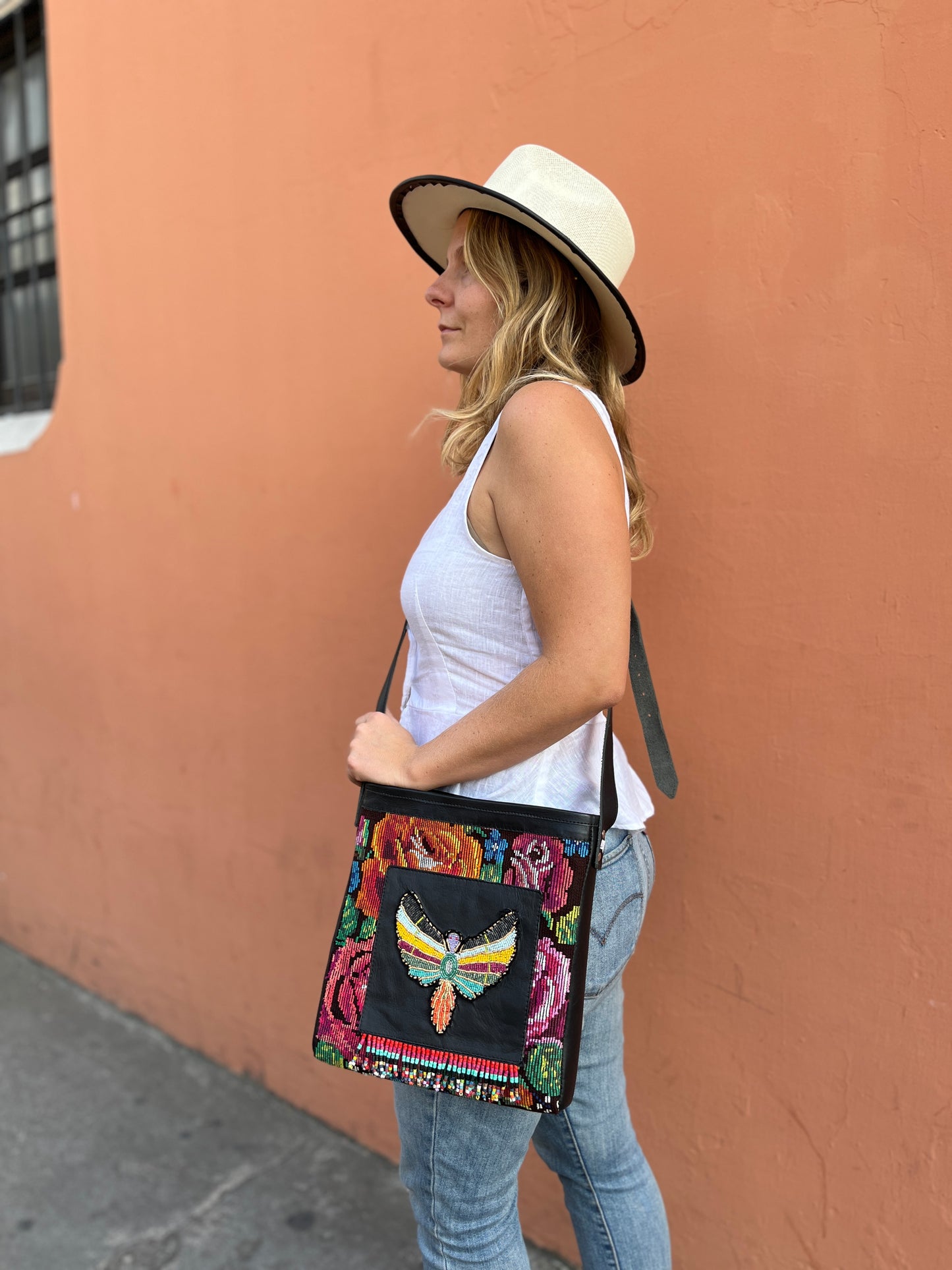 Adjustable Messenger Bag - "Angel Mariposa", black leather