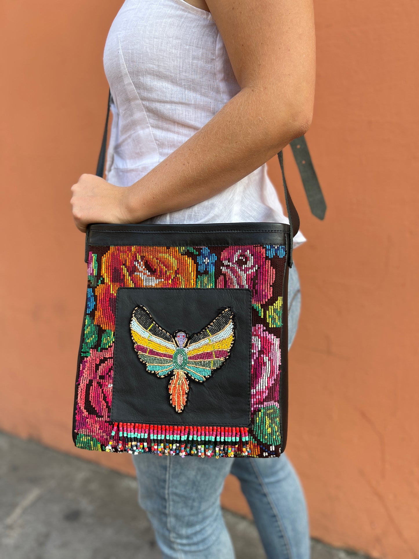 Adjustable Messenger Bag - "Angel Mariposa", black leather