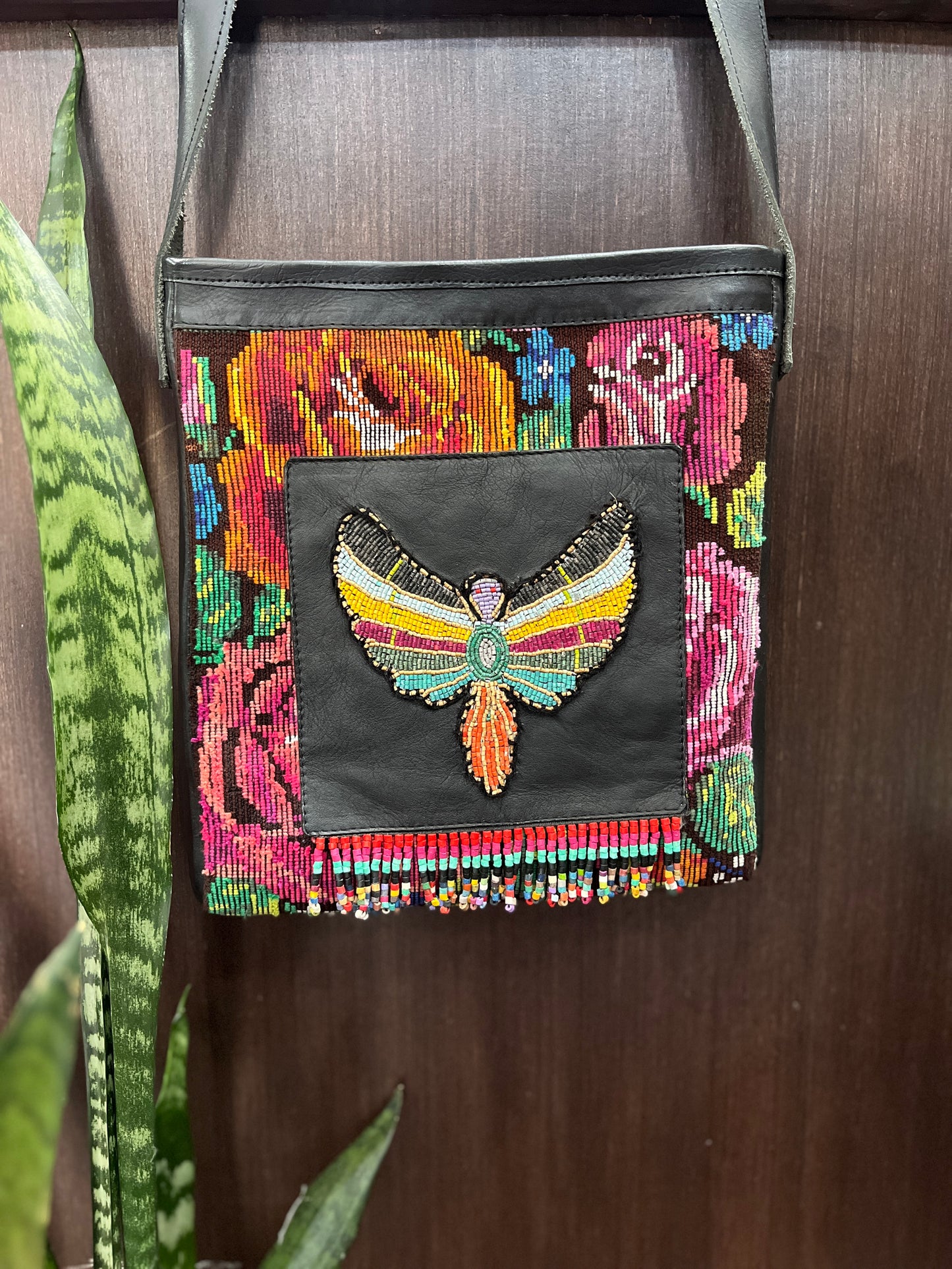 Adjustable Messenger Bag - "Angel Mariposa", black leather