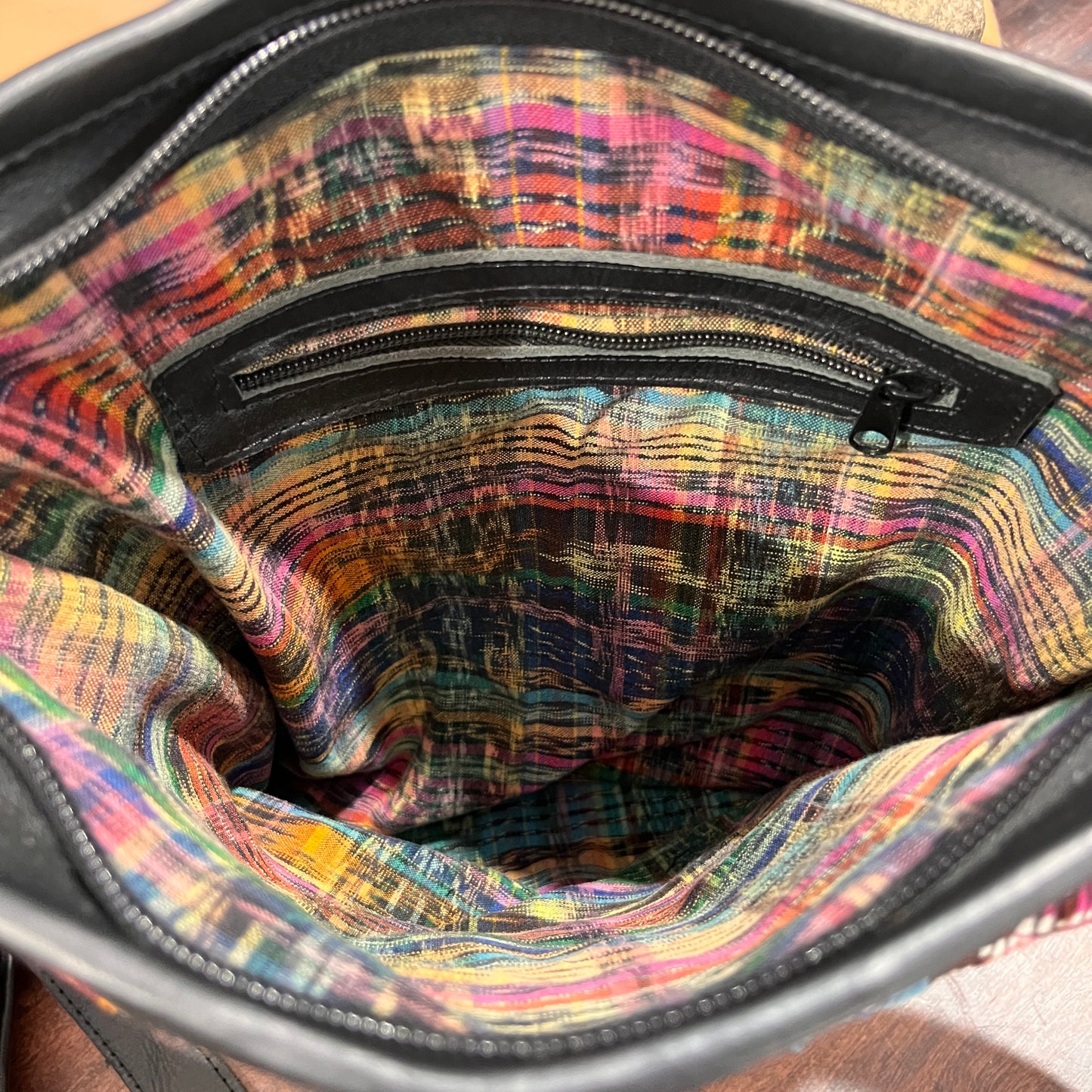Adjustable Messenger Bag - "Angel Mariposa", black leather