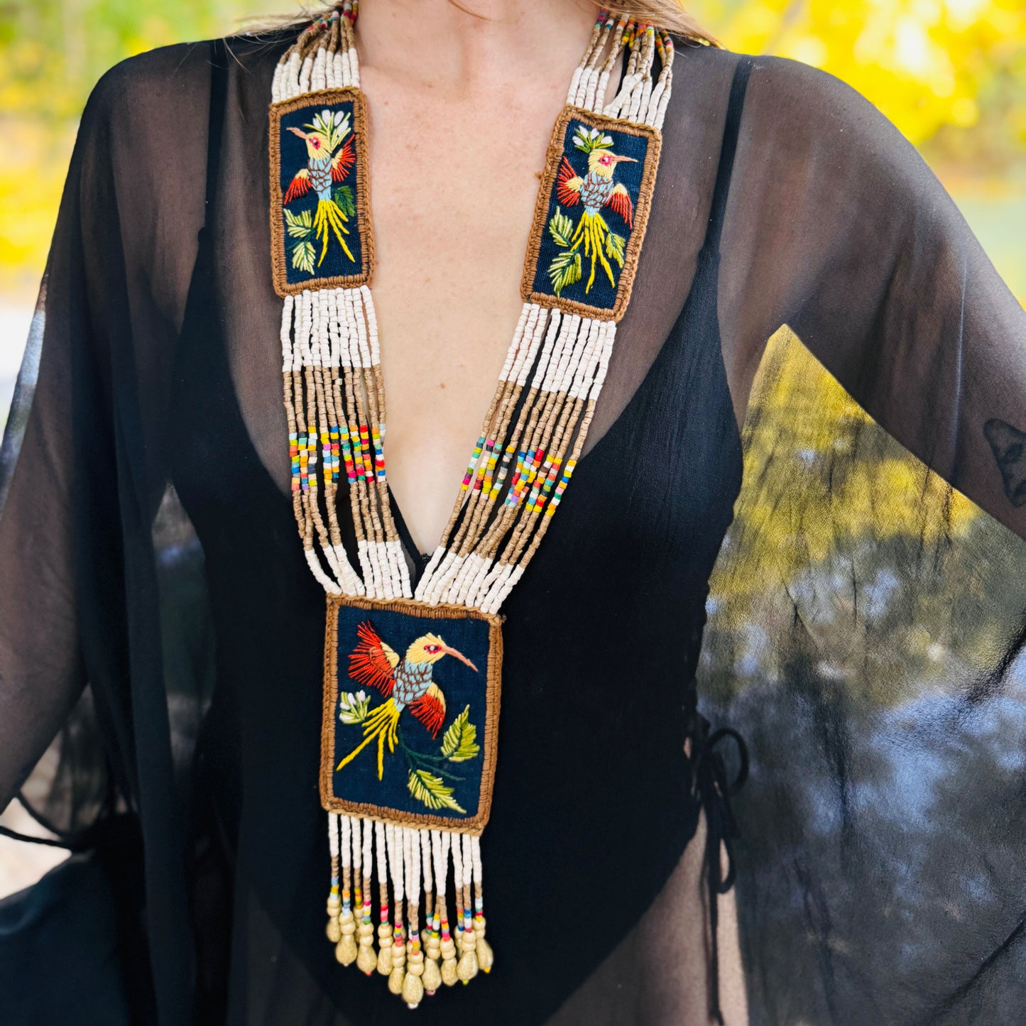 Beaded Long Necklace with Embroidered Birds, Adjustable