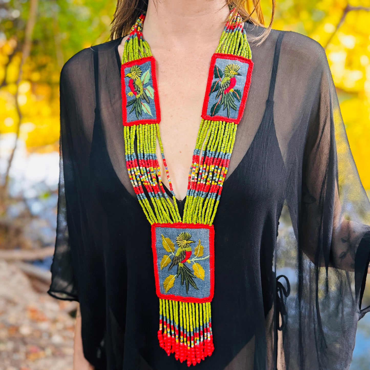 Beaded Long Necklace with Embroidered Birds, Adjustable
