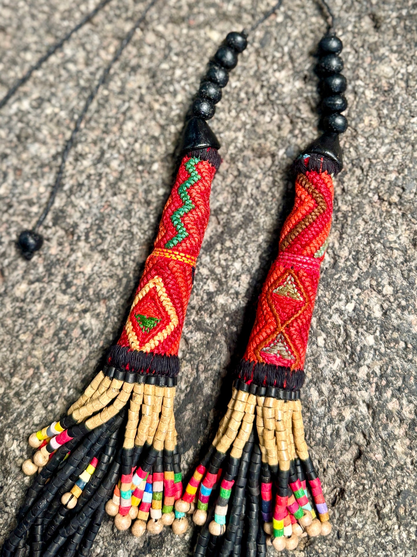 Multi-Strand Ceramic Bead with Ceremonial Textile Necklace, black & gold