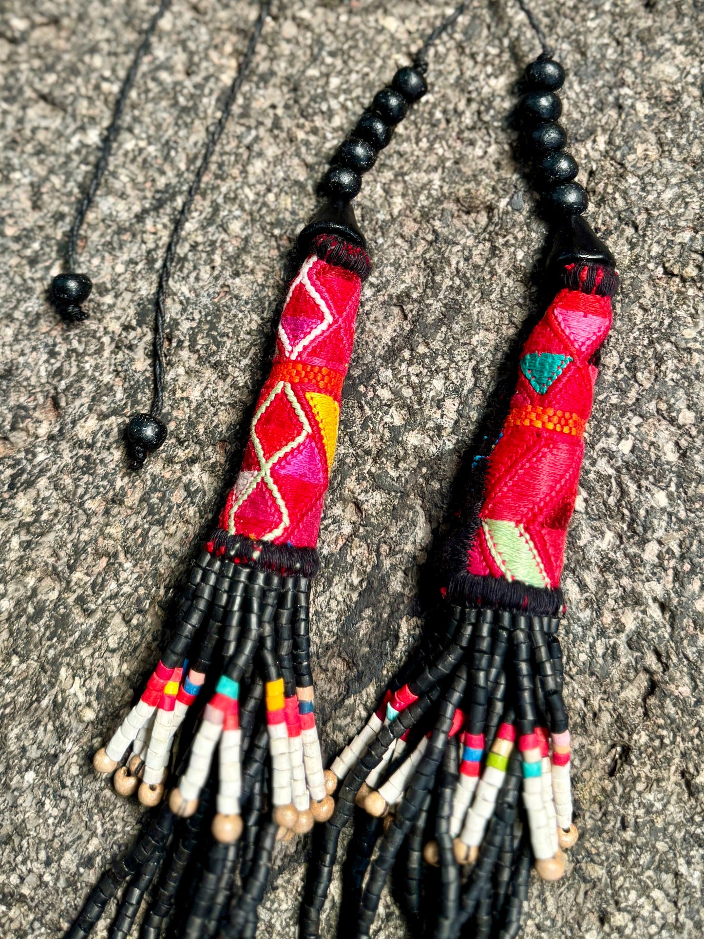 Multi-Strand Ceramic Bead with Ceremonial Textile Necklace, black & white