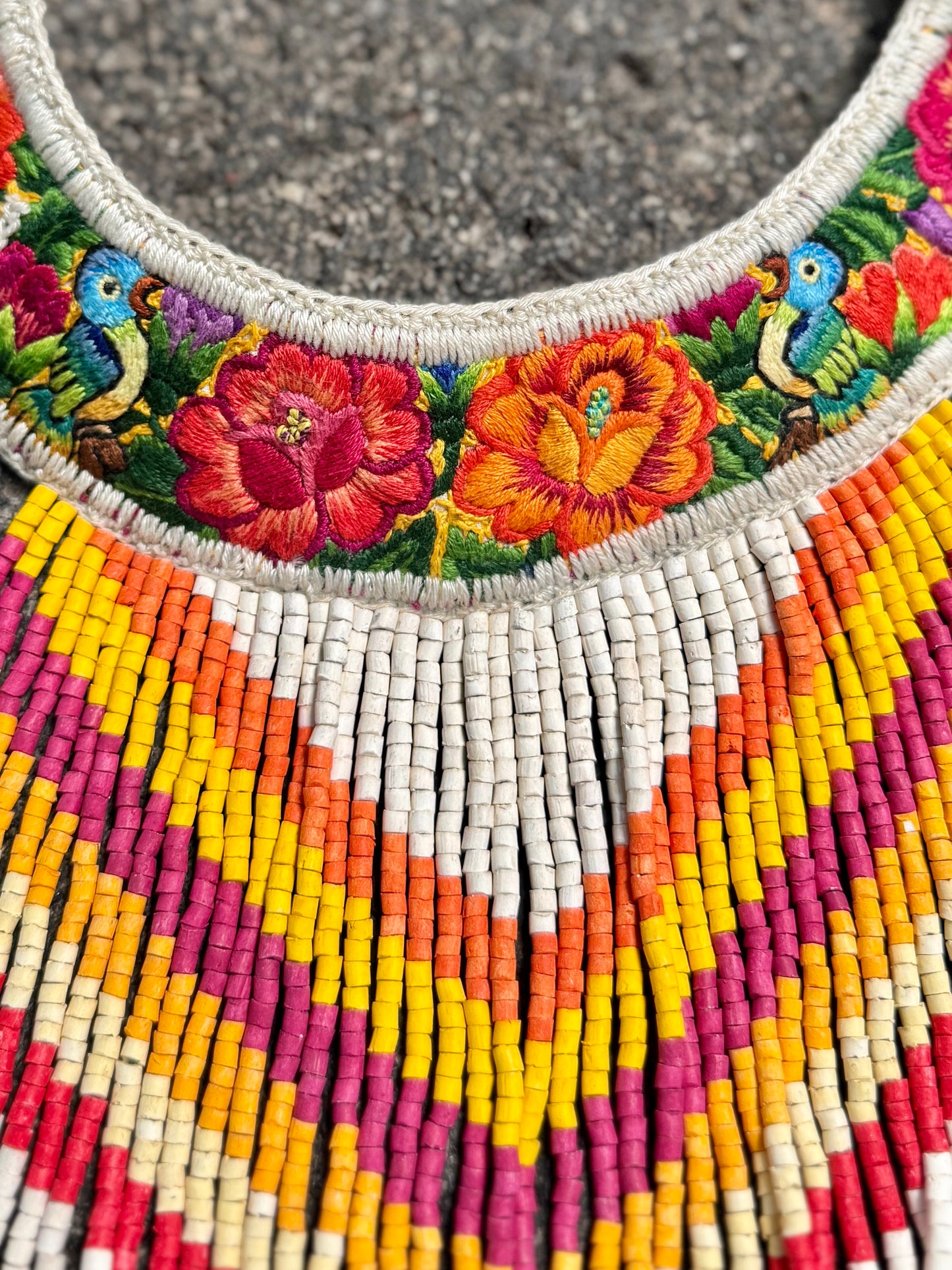 Bib Necklace with Guatemalan Floral Embroidery from Patzun with Ceramic Bead Fringes, white & yellow