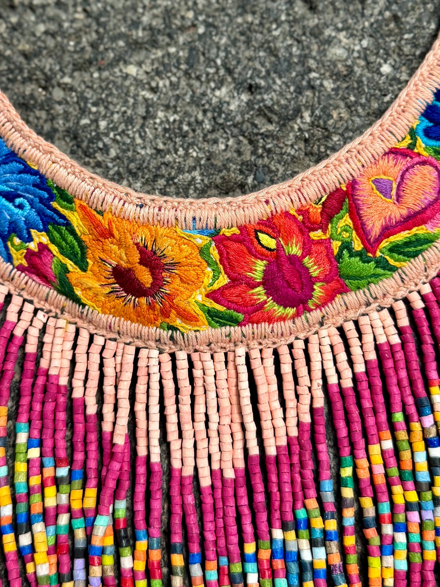 Bib Necklace with Guatemalan Floral Embroidery from Patzun with Ceramic Bead Fringes, pinks
