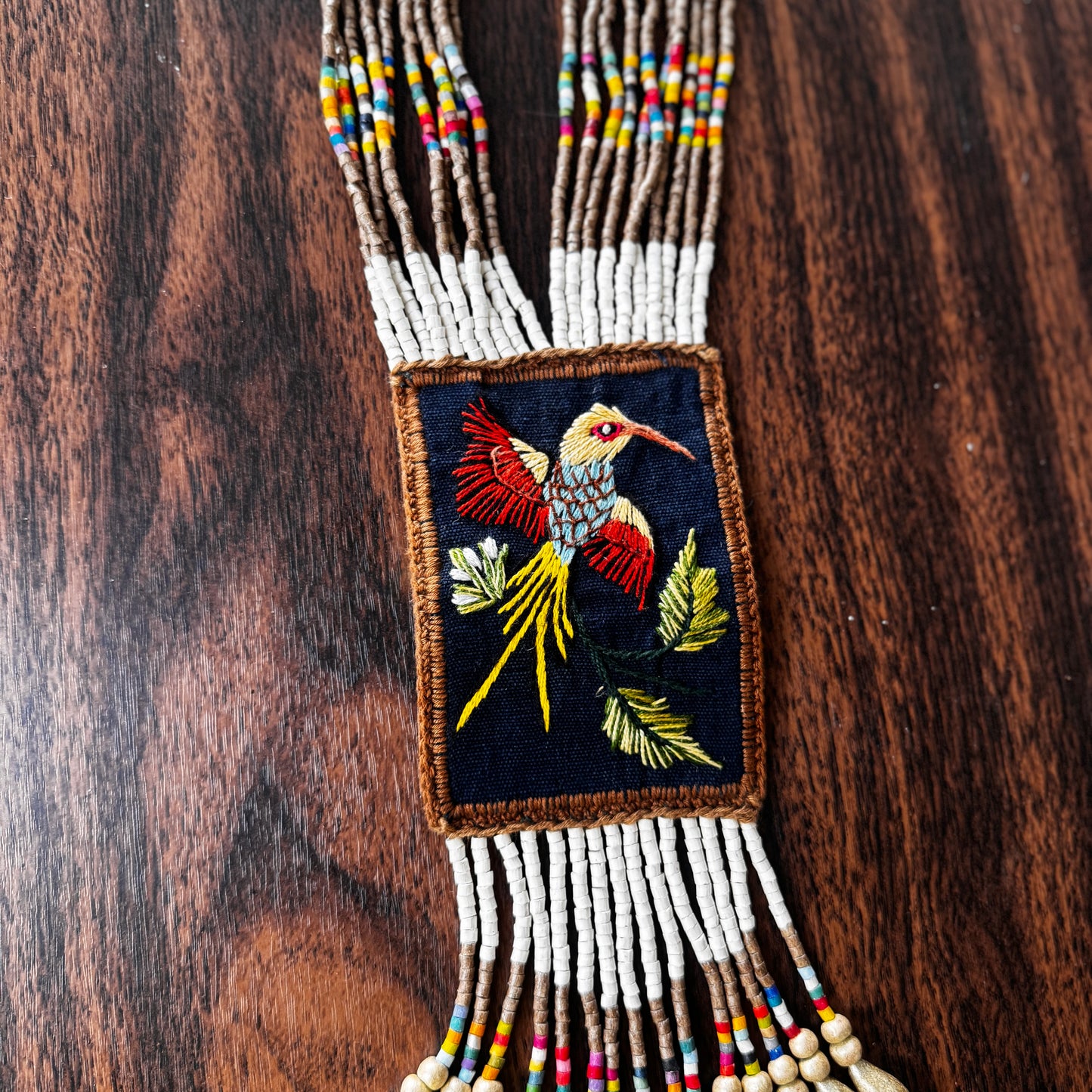 Beaded Long Necklace with Embroidered Birds, Adjustable