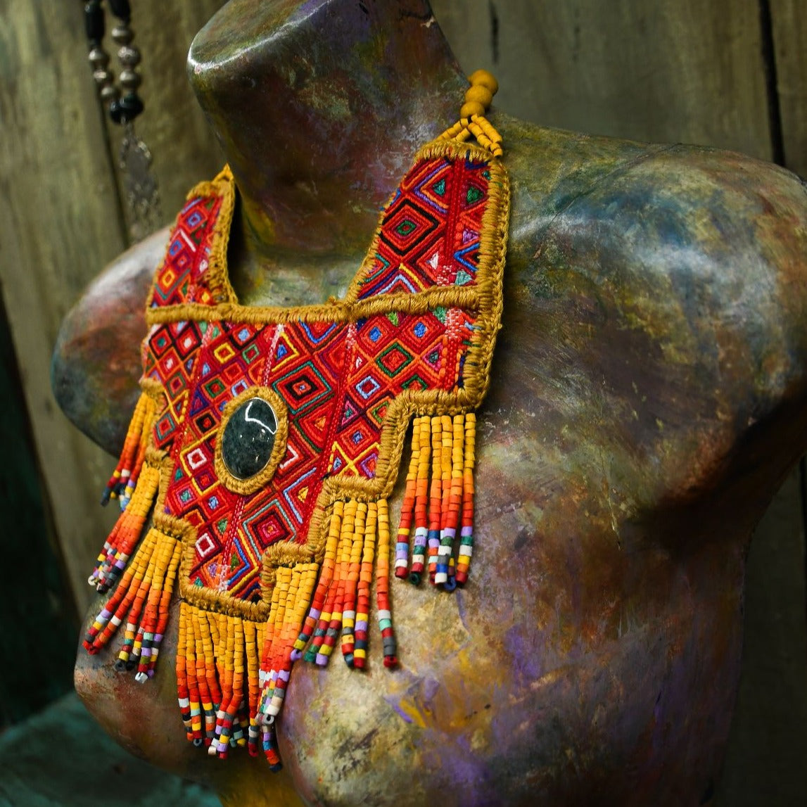 Statement Bib Collar, Precious Jade & Fringes, Adjustable - "Babero"
