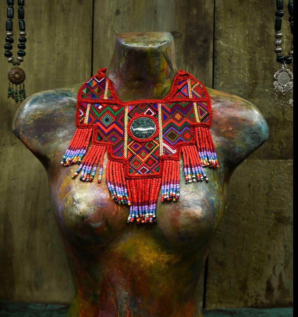 Statement Bib Collar, Precious Jade & Fringes, Adjustable - "Babero"