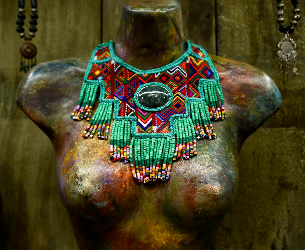 Statement Bib Collar, Precious Jade & Fringes, Adjustable - "Babero", Blues