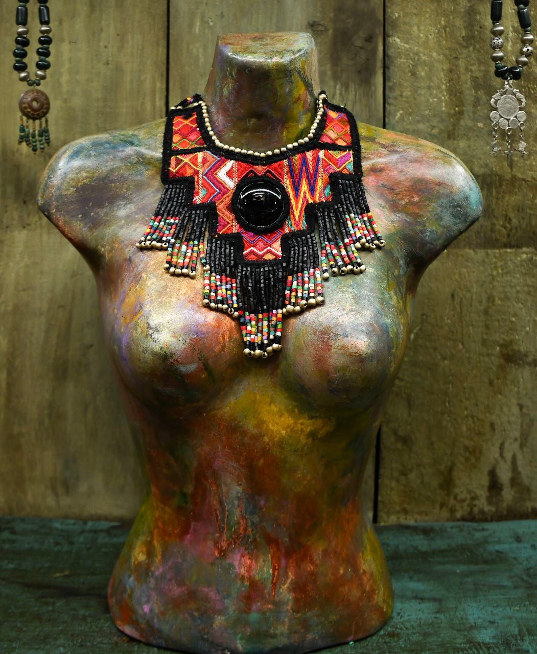 Statement Bib Collar, Precious Jade & Fringes, Adjustable - "Babero"