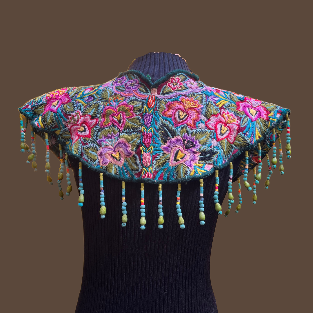Textile Cape with Beaded Body Chains - "Huipil Capa", teal/olive