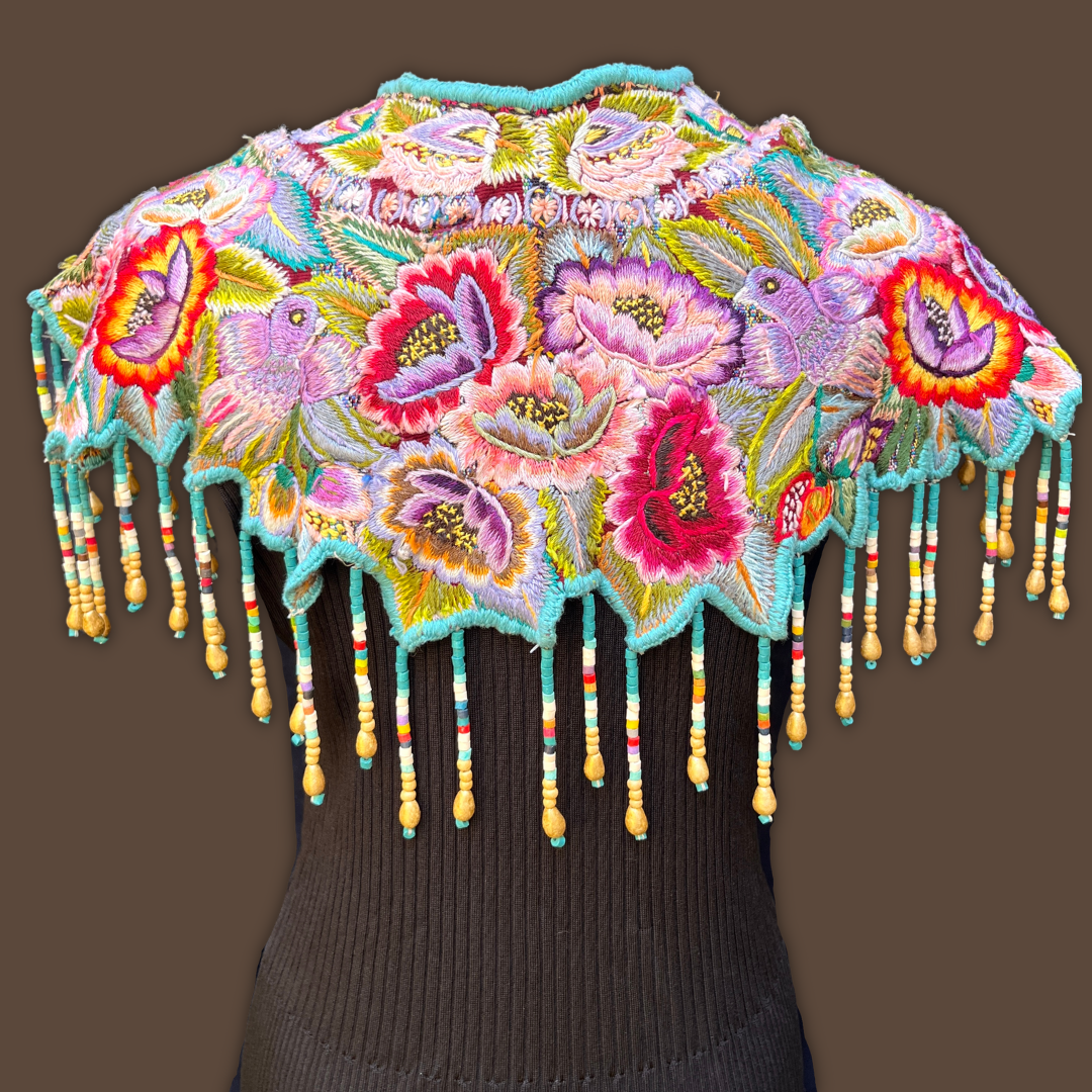 Embroidered Cape with Beaded Fringes - "Capa Flecos", sapphire