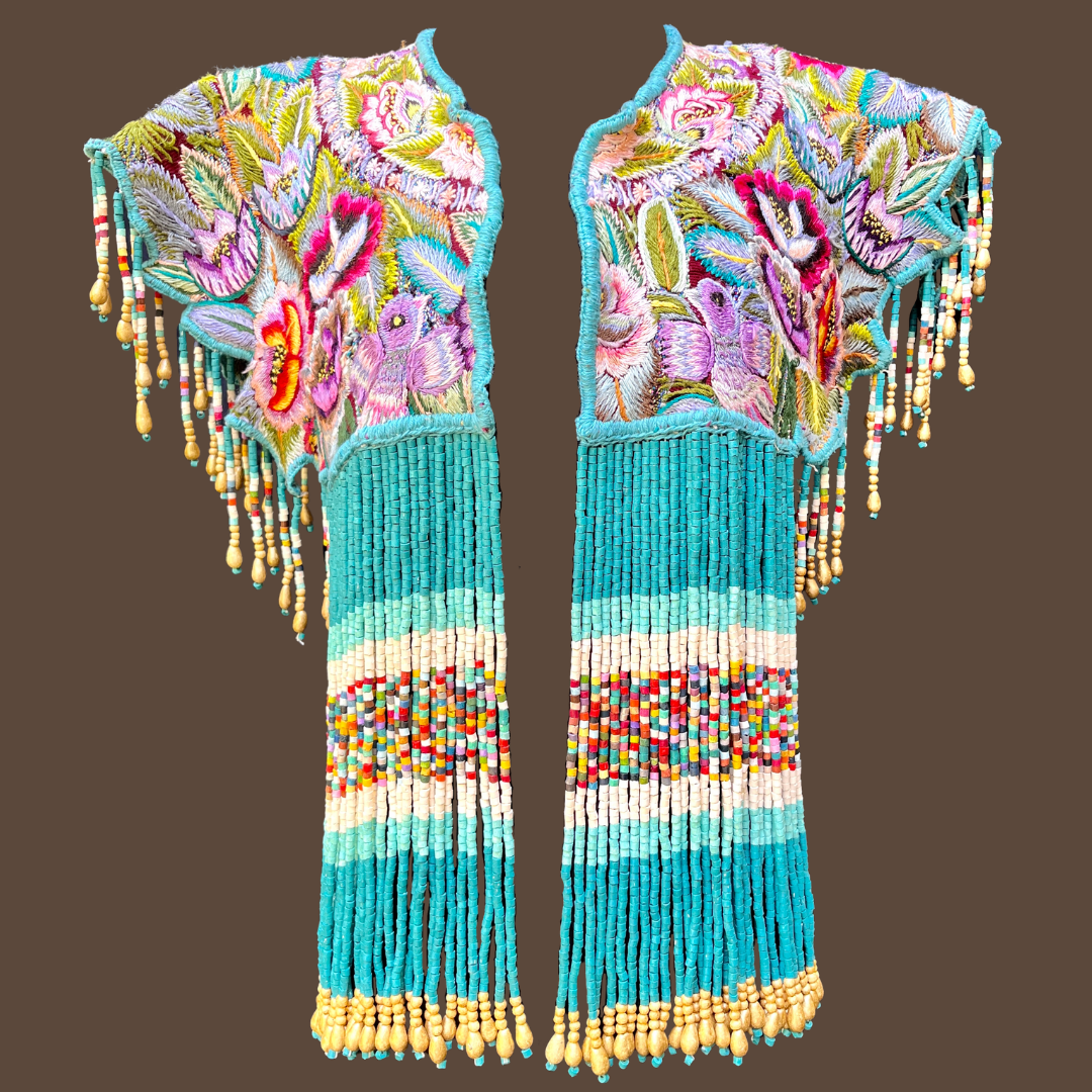 Embroidered Cape with Beaded Fringes - "Capa Flecos", sapphire