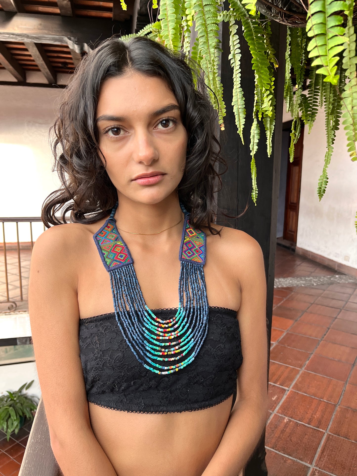 Necklaces with ceremonial textile and beaded chains - "Aguacatán Colores"
