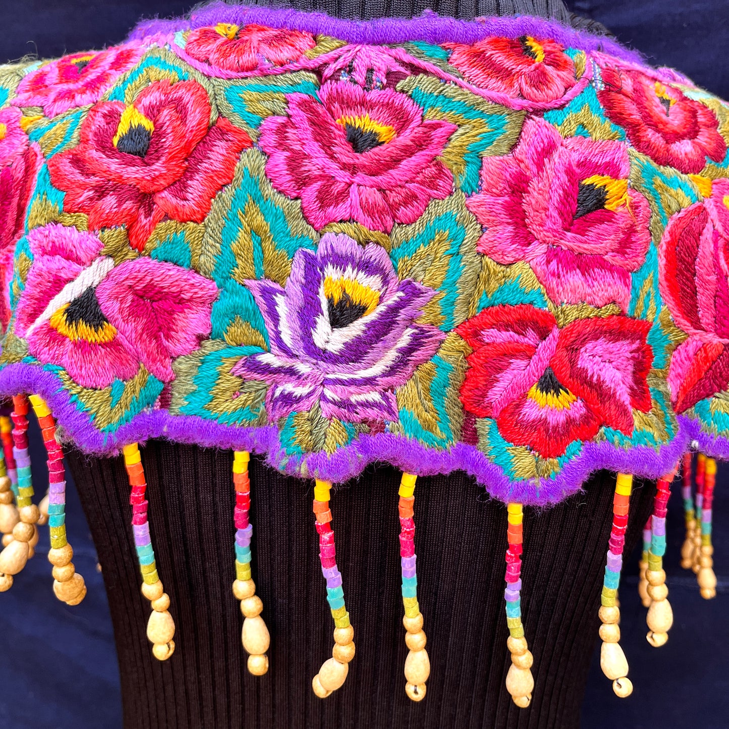 Textile Cape with Beaded Body Chains - "Huipil Capa", fierce vibrant