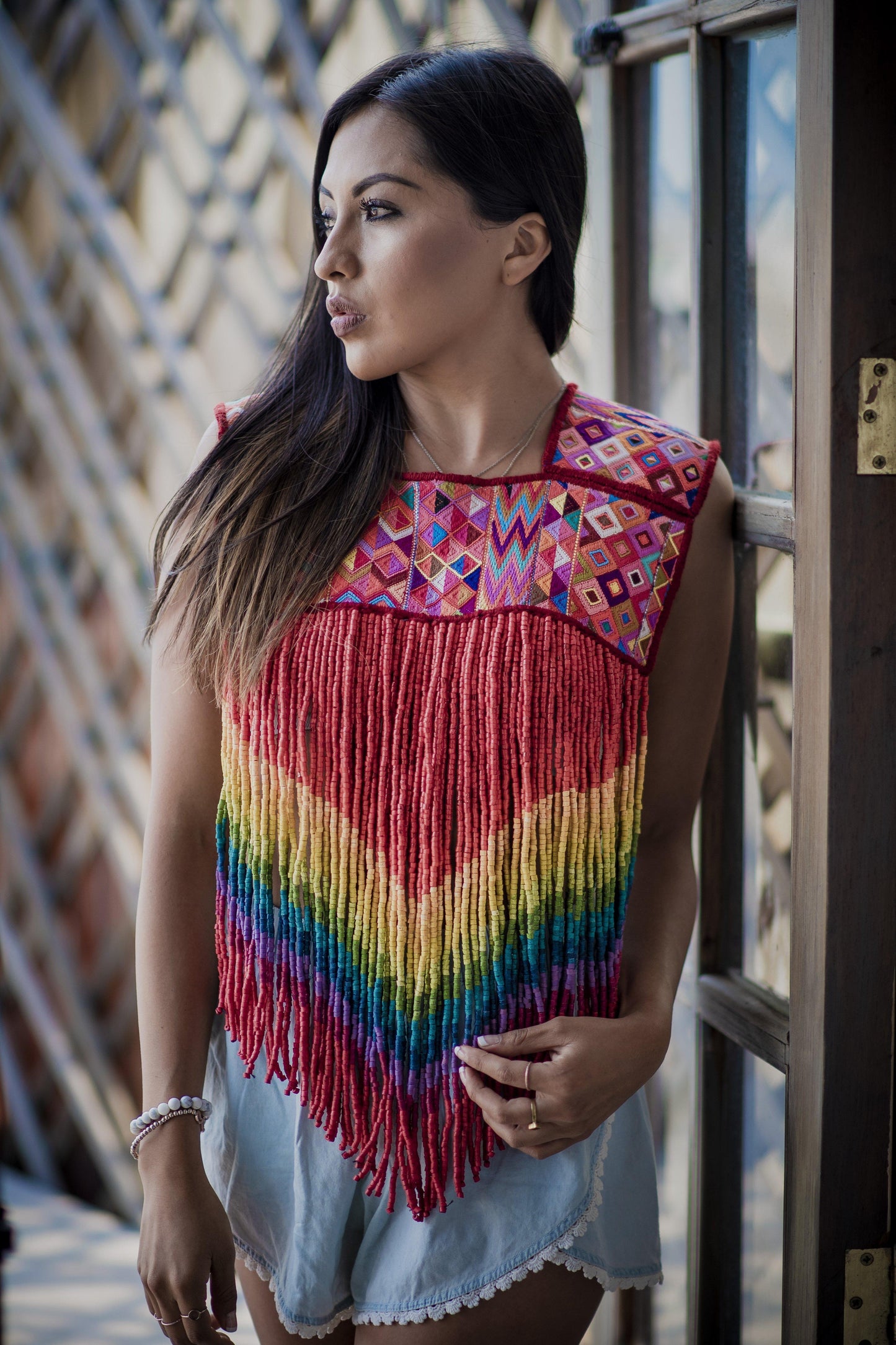 Ceremonial Textile Poncho with Beaded, Long Fringes - "Rainbow Magic"