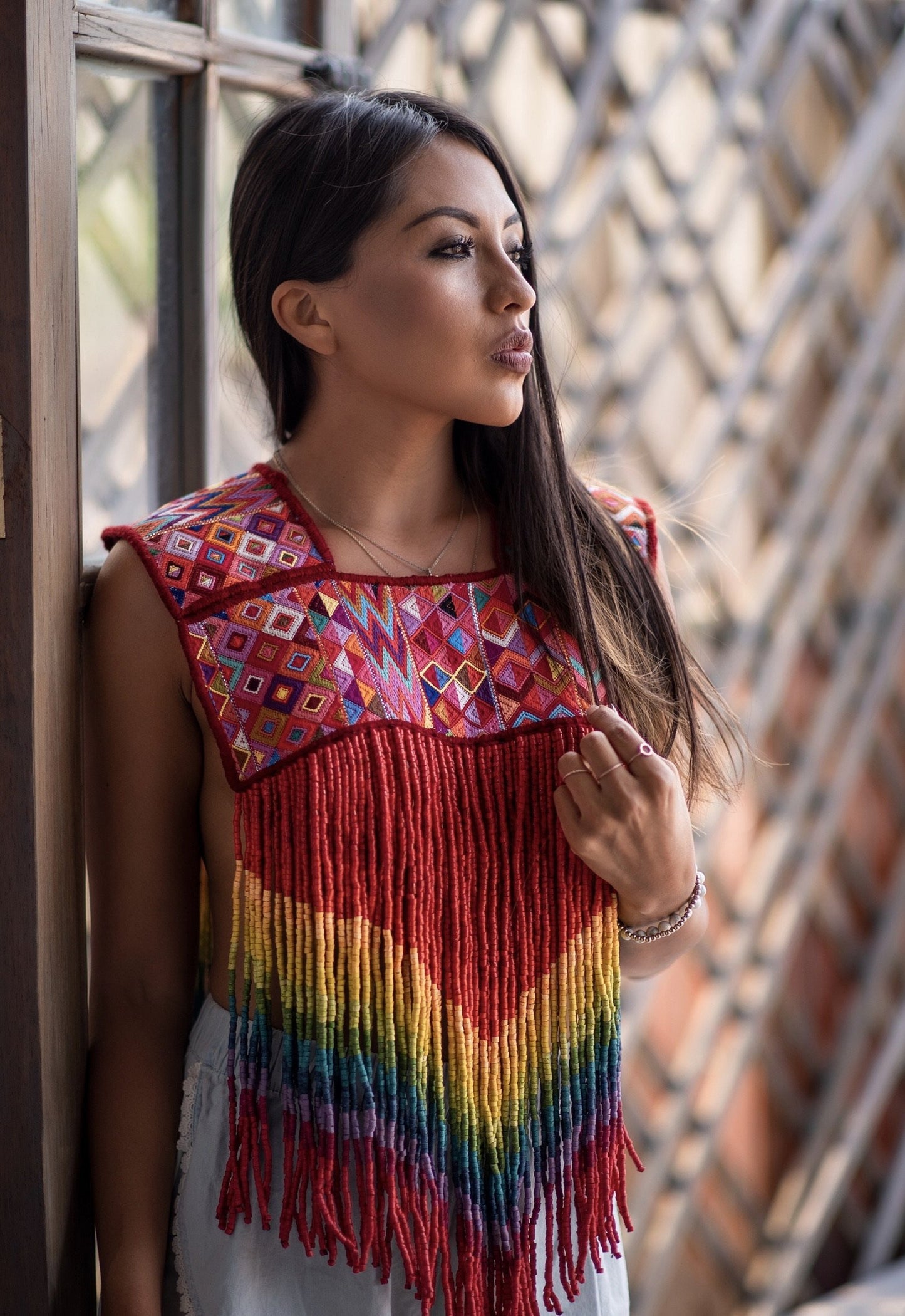 Ceremonial Textile Poncho with Beaded, Long Fringes - "Rainbow Magic"