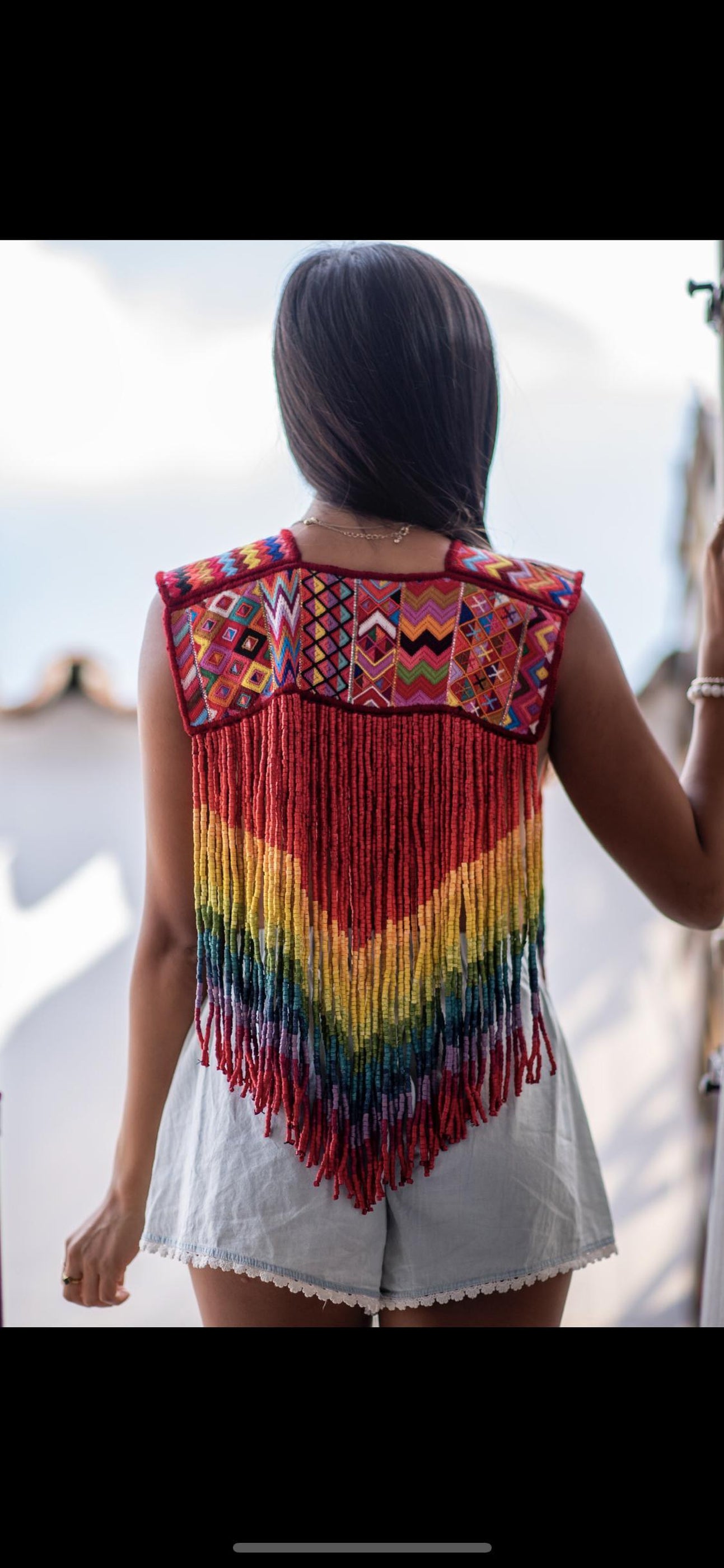 Ceremonial Textile Poncho with Beaded, Long Fringes - "Rainbow Magic"