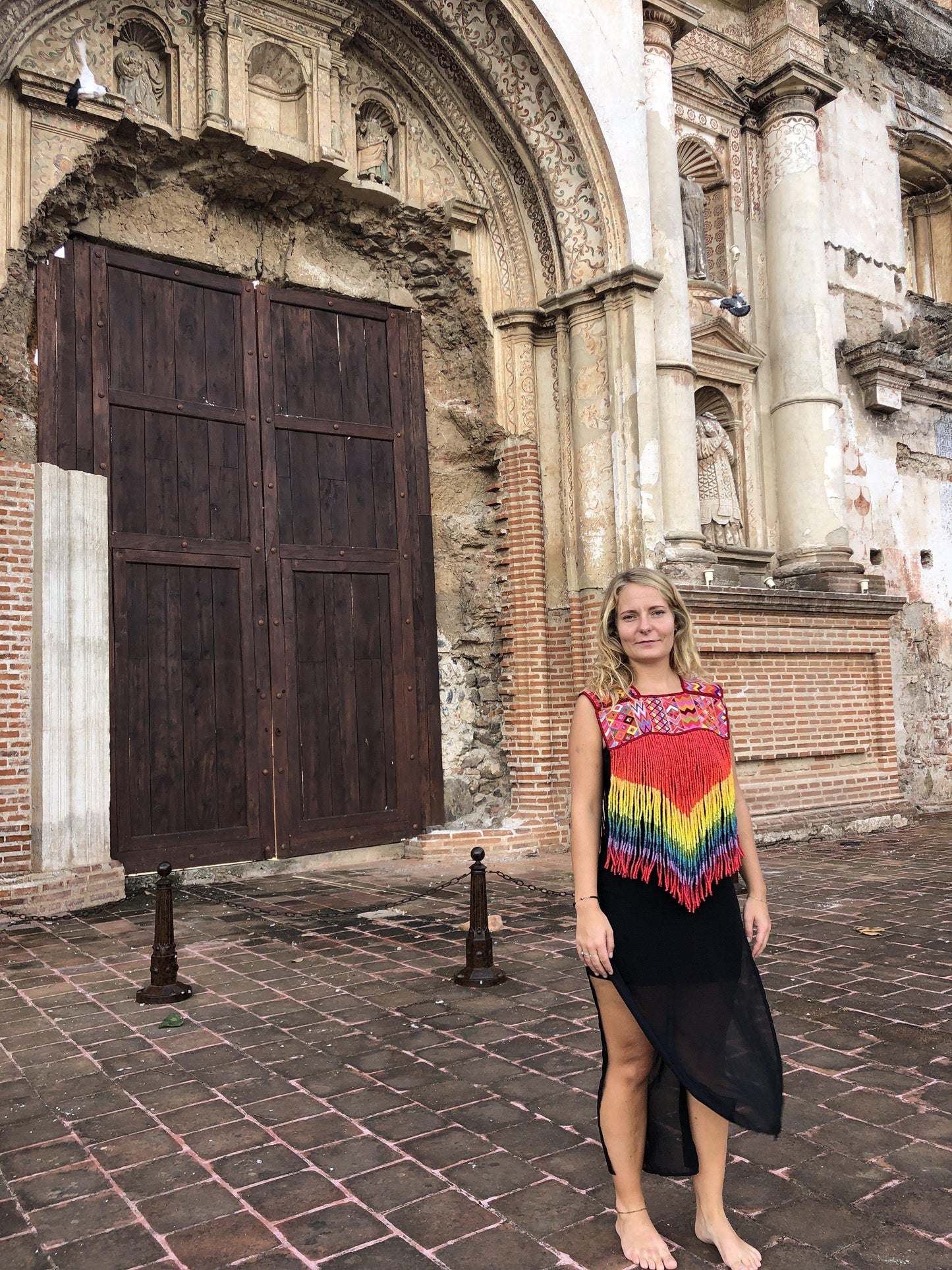 Ceremonial Textile Poncho with Beaded, Long Fringes - "Rainbow Magic"