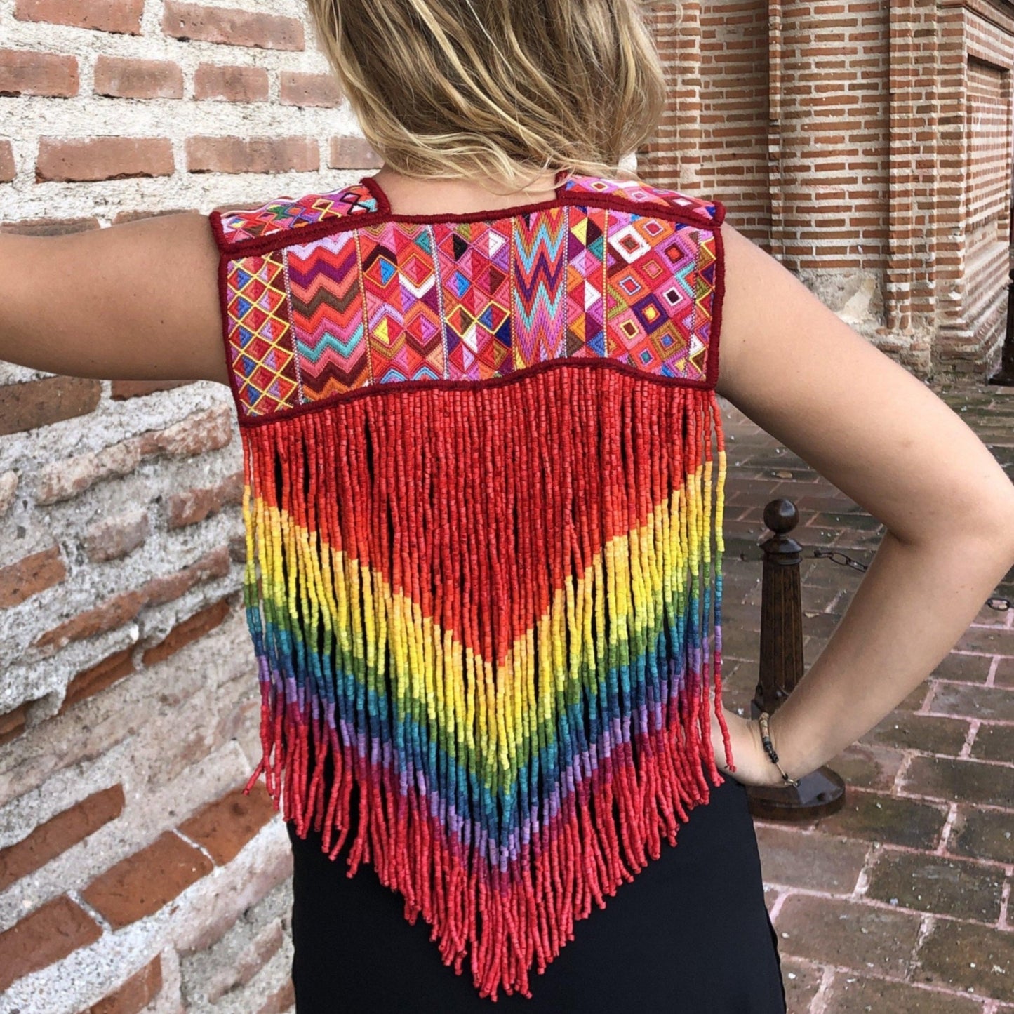Ceremonial Textile Poncho with Beaded, Long Fringes - "Rainbow Magic"
