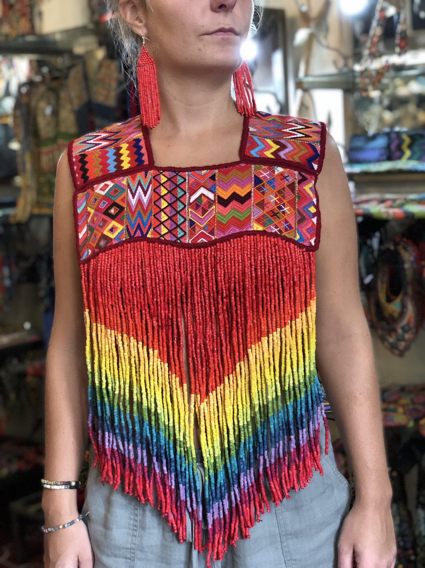 Ceremonial Textile Poncho with Beaded, Long Fringes - "Rainbow Magic"