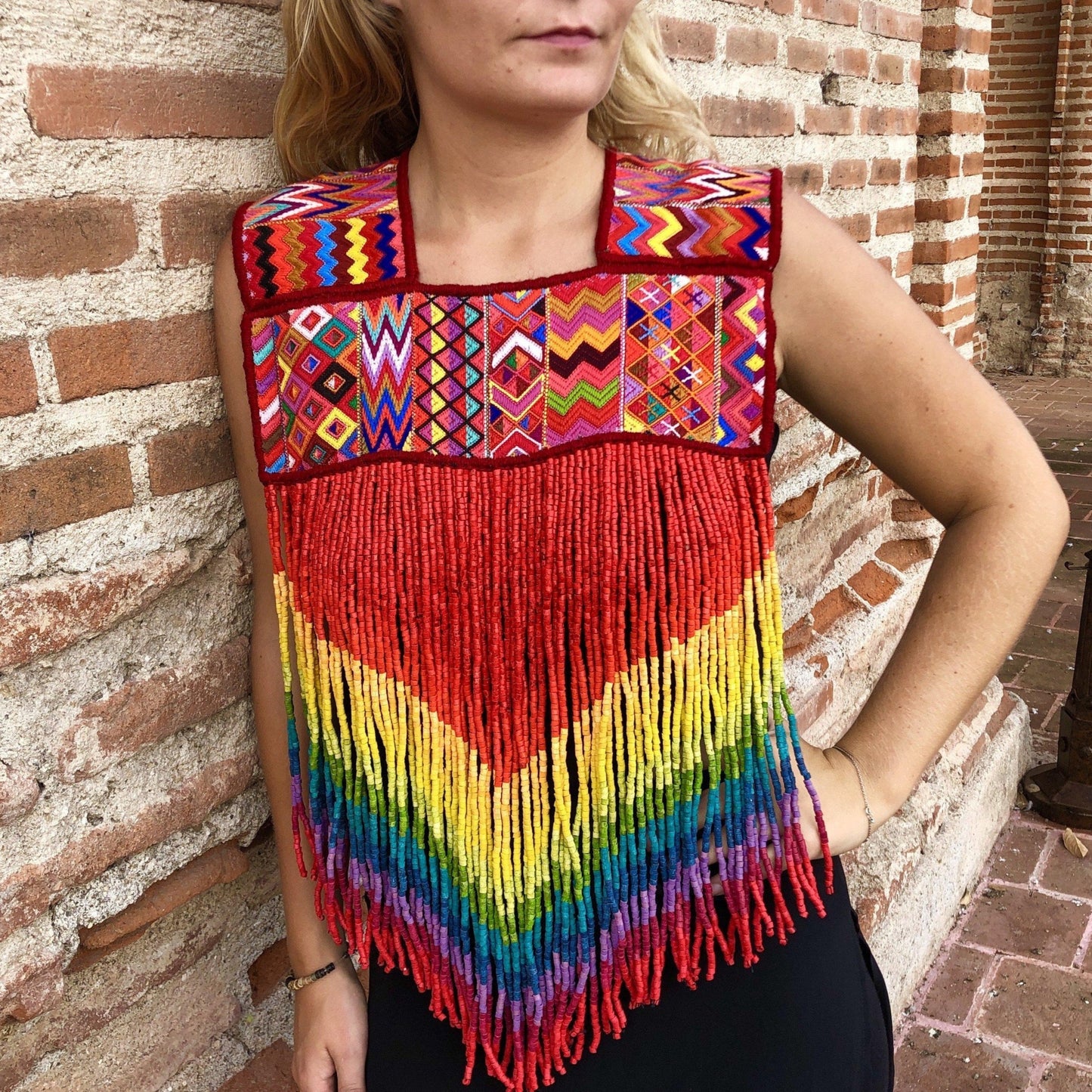 Ceremonial Textile Poncho with Beaded, Long Fringes - "Rainbow Magic"