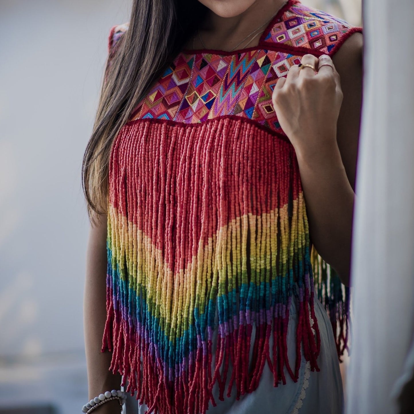 Ceremonial Textile Poncho with Beaded, Long Fringes - "Rainbow Magic"