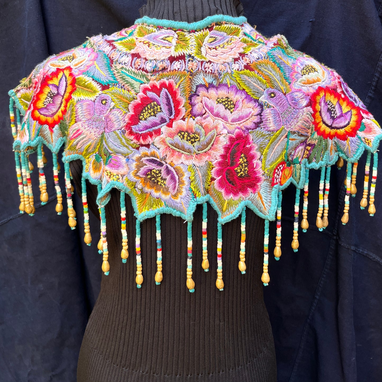 Embroidered Cape with Beaded Fringes - "Capa Flecos", sapphire