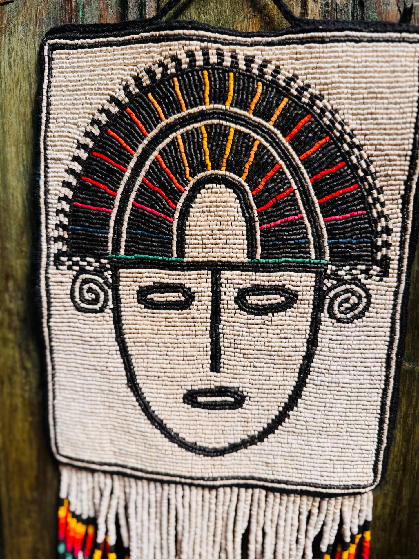One-of-a-Kind Beaded Wall Art Hanging with Native Motifs - Handmade Ceramic Beads