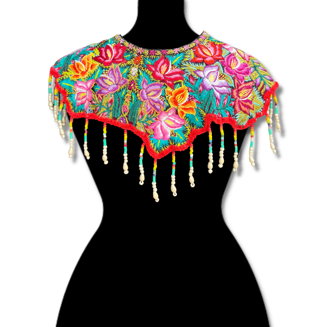 Textile Cape with Beaded Body Chains - "Huipil Capa", Vibrant Flora, Small