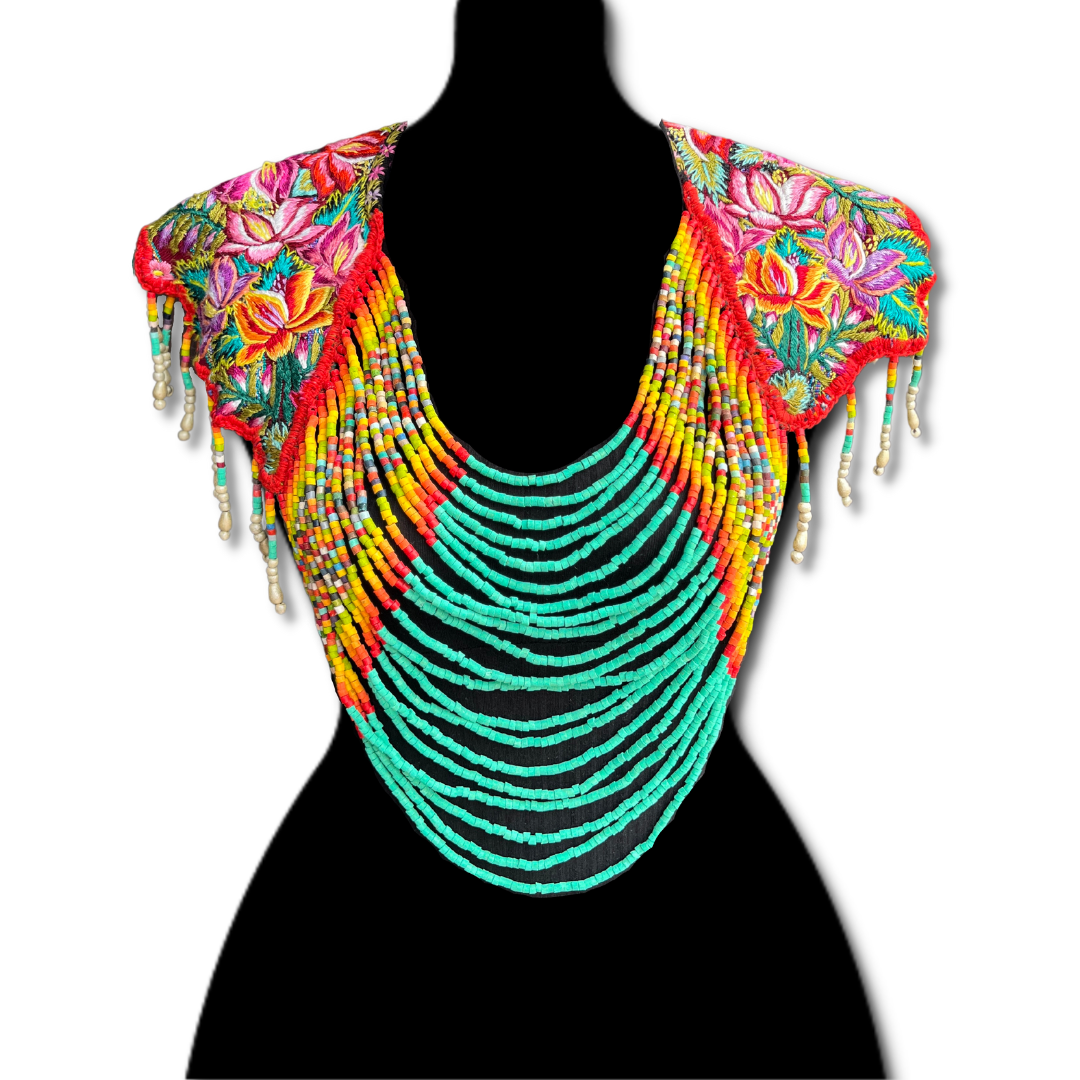 Textile Cape with Beaded Body Chains - "Huipil Capa", Vibrant Flora, Small