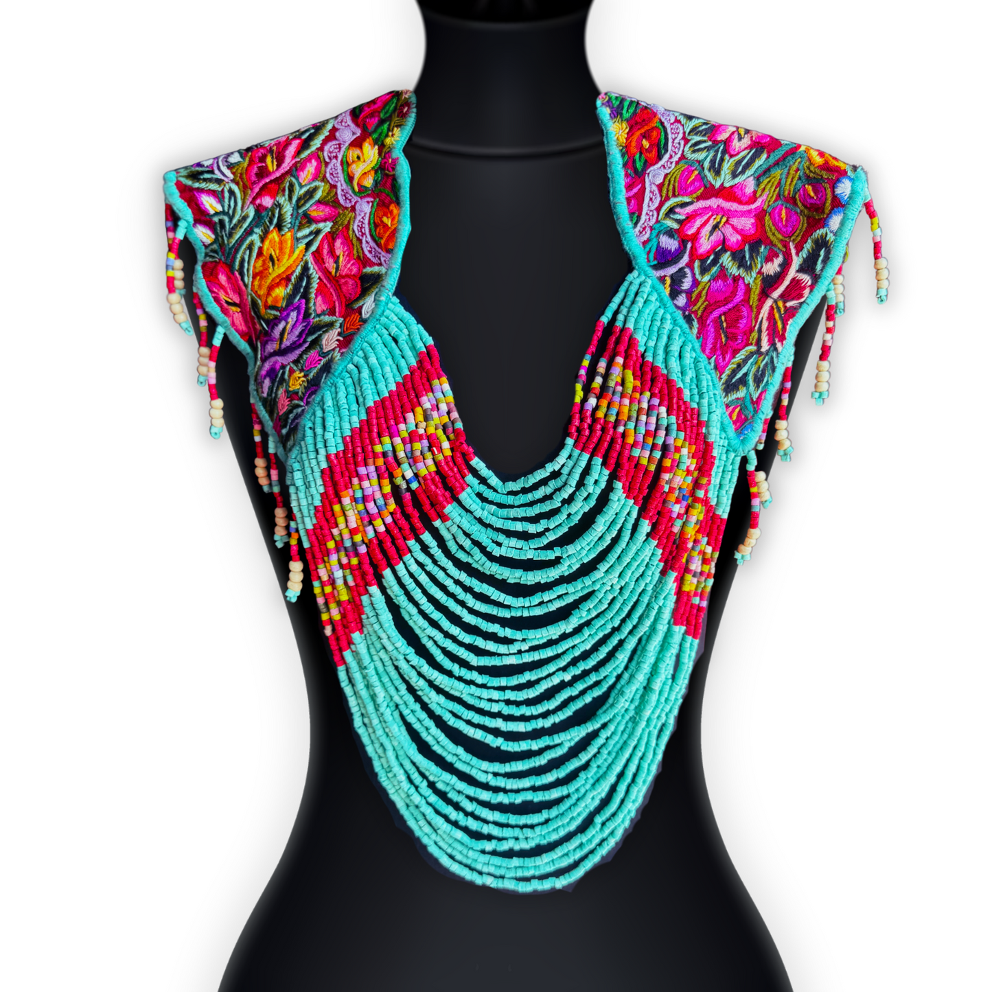 Shoulder Cape with Beads - Huipil Capa, Turquoise Ember