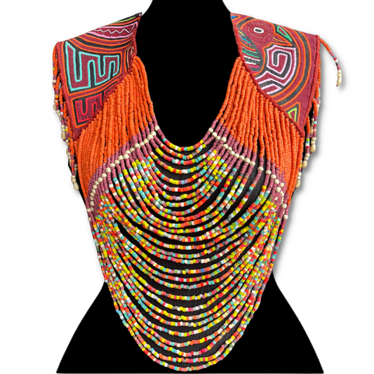 Textile Cape with Beaded Body Chains - "Mola Capa", Orange Multicolor