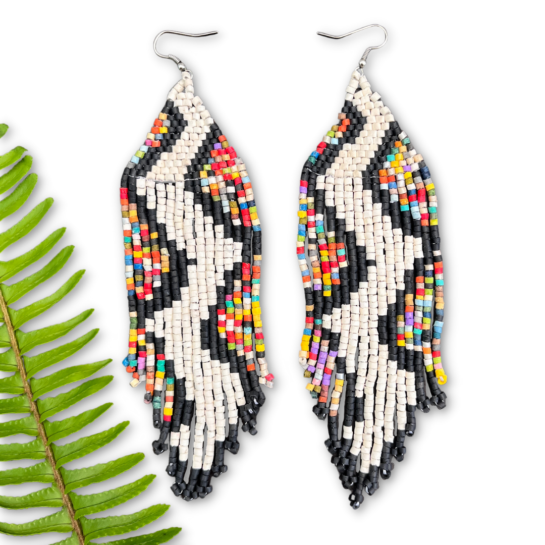Beaded Fringe Earrings in Boho Zig Zag Design