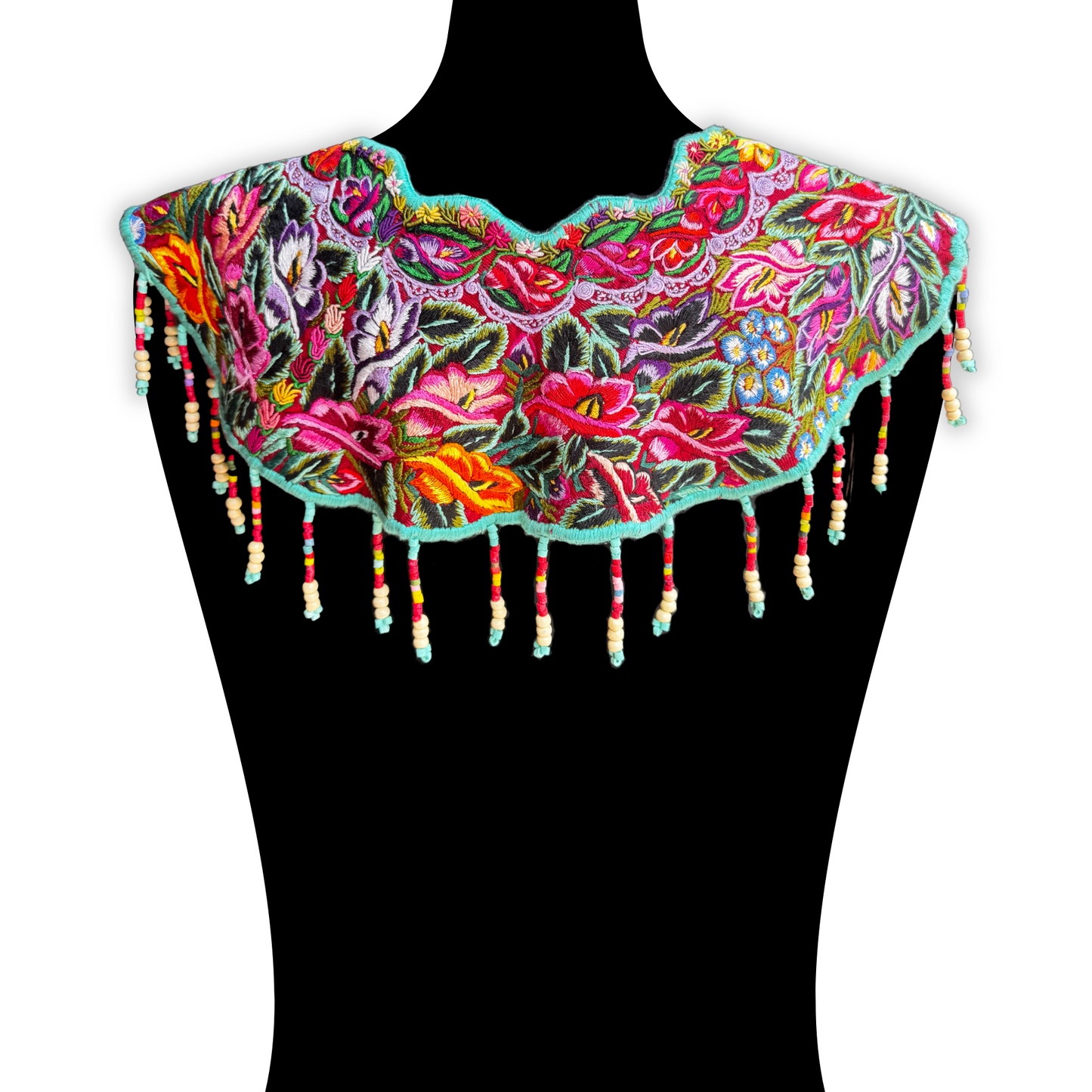 Shoulder Cape with Beads - Huipil Capa, Turquoise Ember