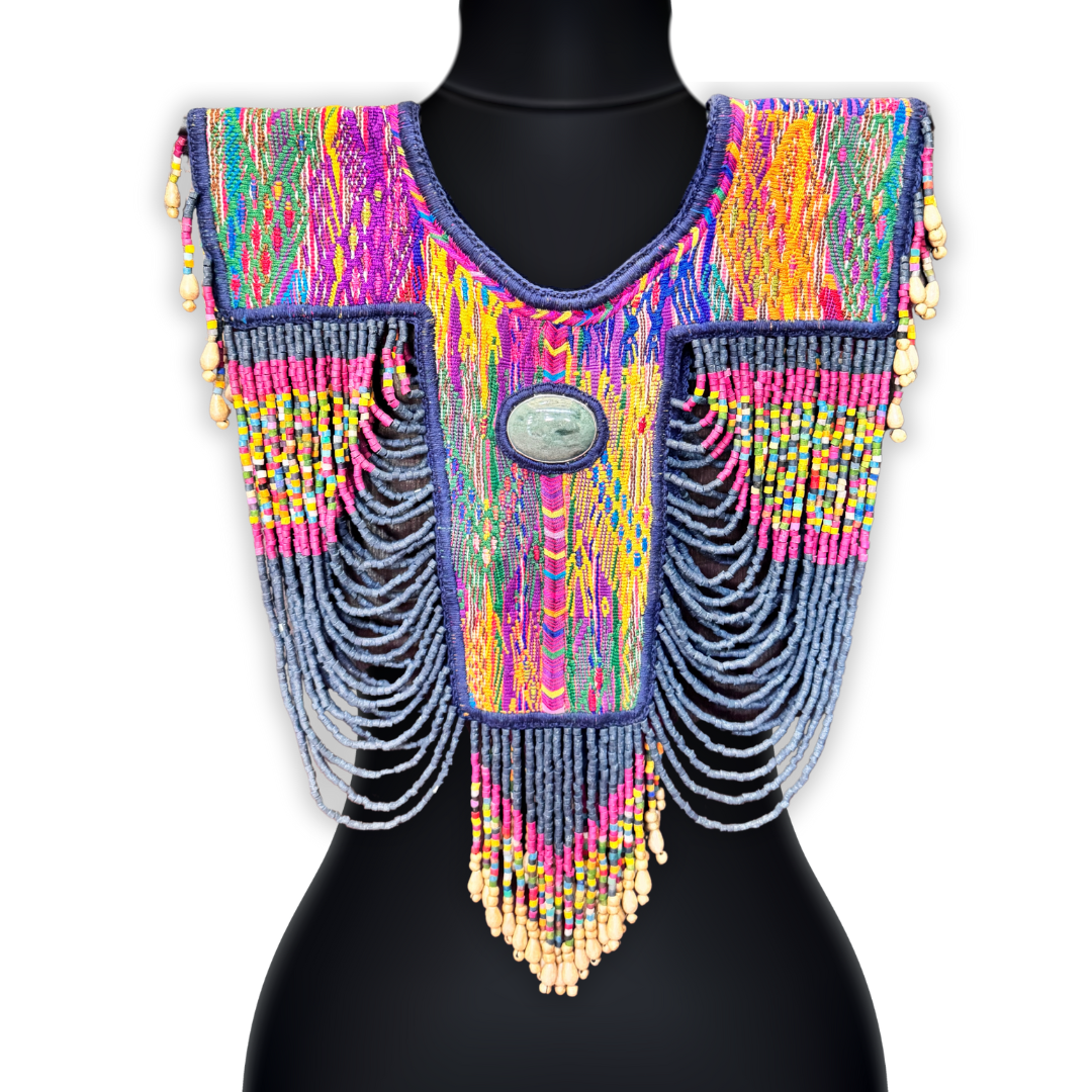 Beaded Tabard Poncho with Traditional Textile & Jade - San Juan Sunset