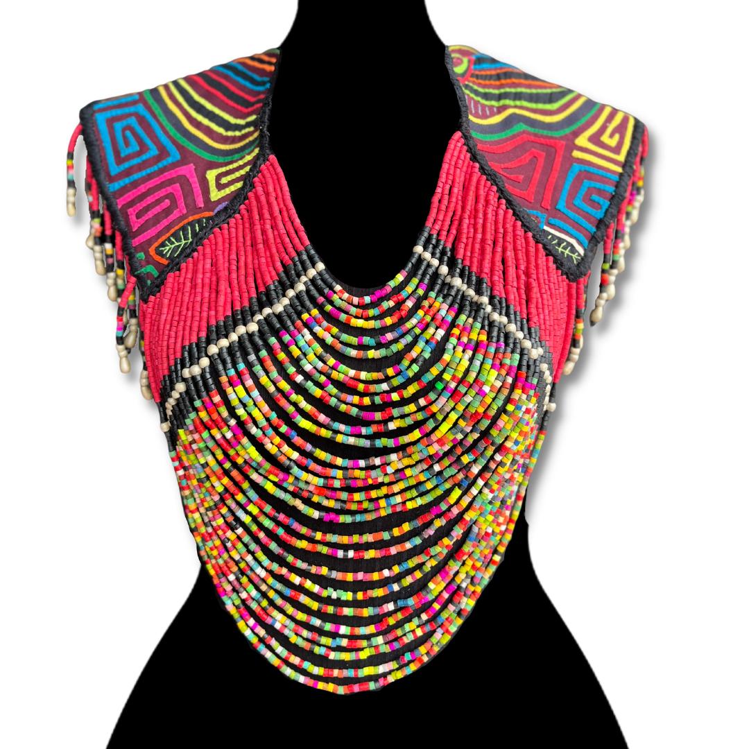 Textile Cape with Beaded Chains - Mola Capa, Magenta Multicolor