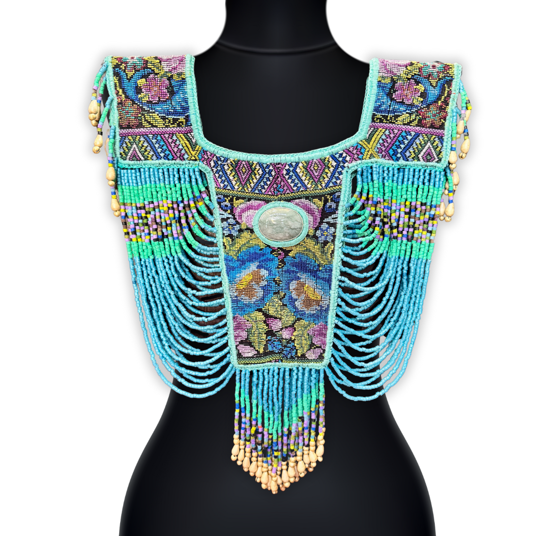 Beaded Tabard Poncho with Traditional Textile & Jade - Turquoise Serenade