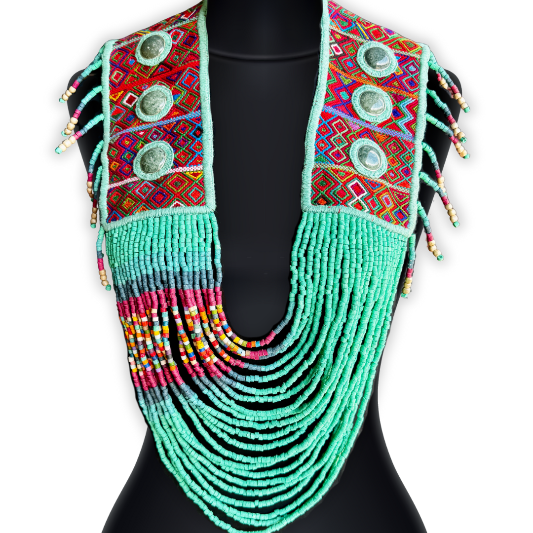 Ceremonial Shoulder Piece with Jade Stones and Beaded Chains - Turquesa