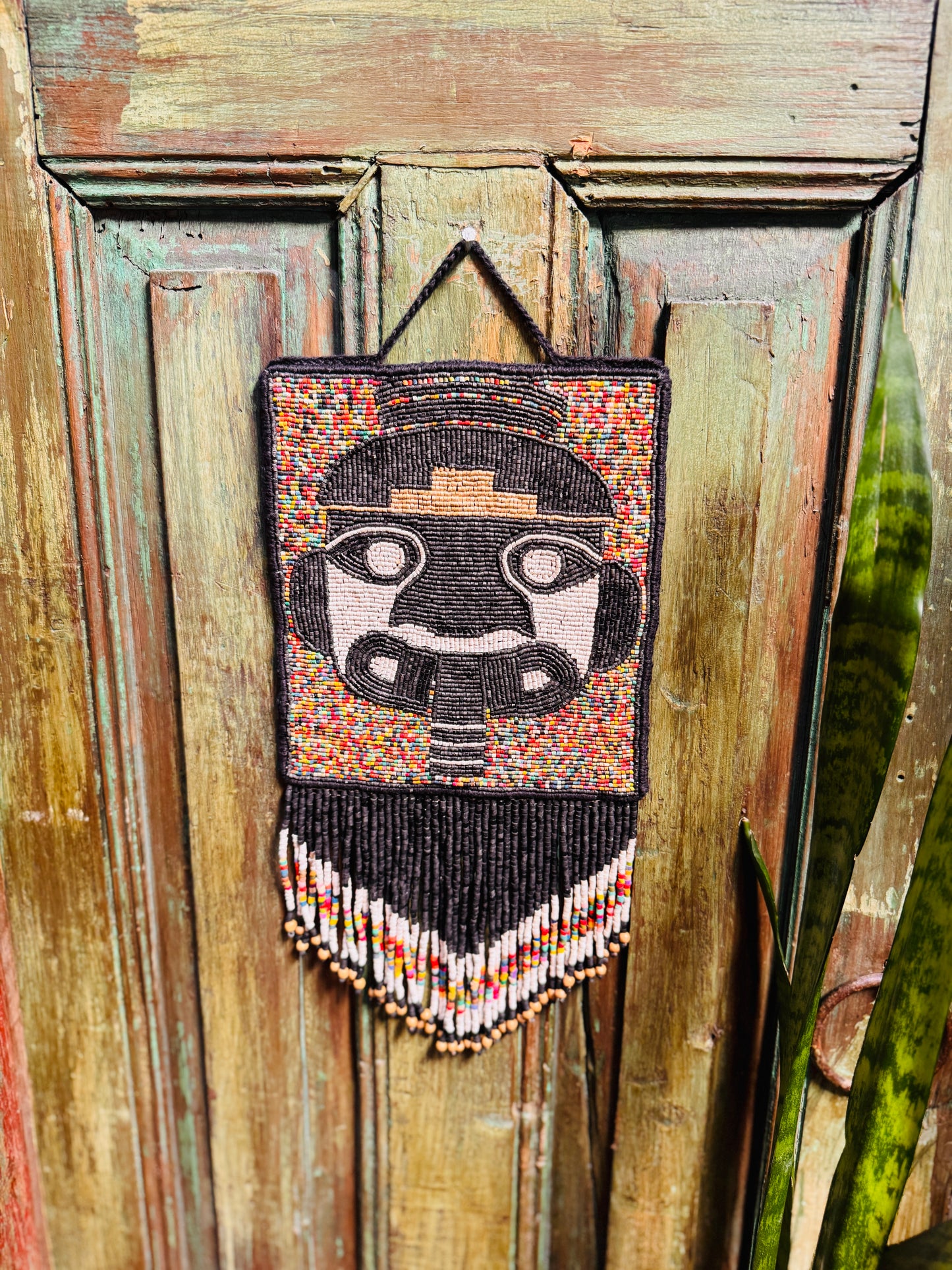 One-of-a-Kind Beaded Wall Art Hanging with Native Motifs - Handmade Ceramic Beads
