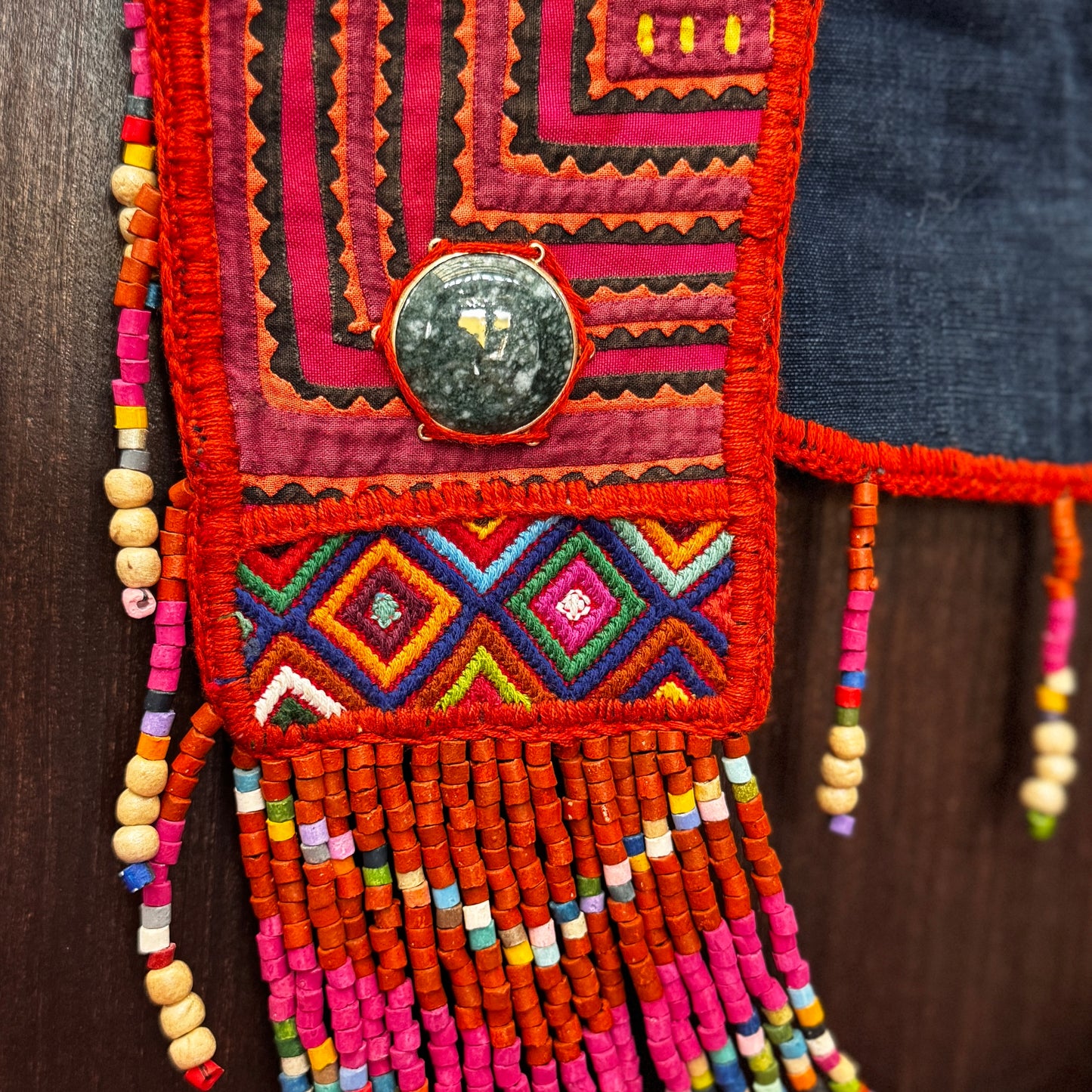 Ceremonial Mola Textile Necklace with Jade & Handmade Ceramic Beads, Red ceremony