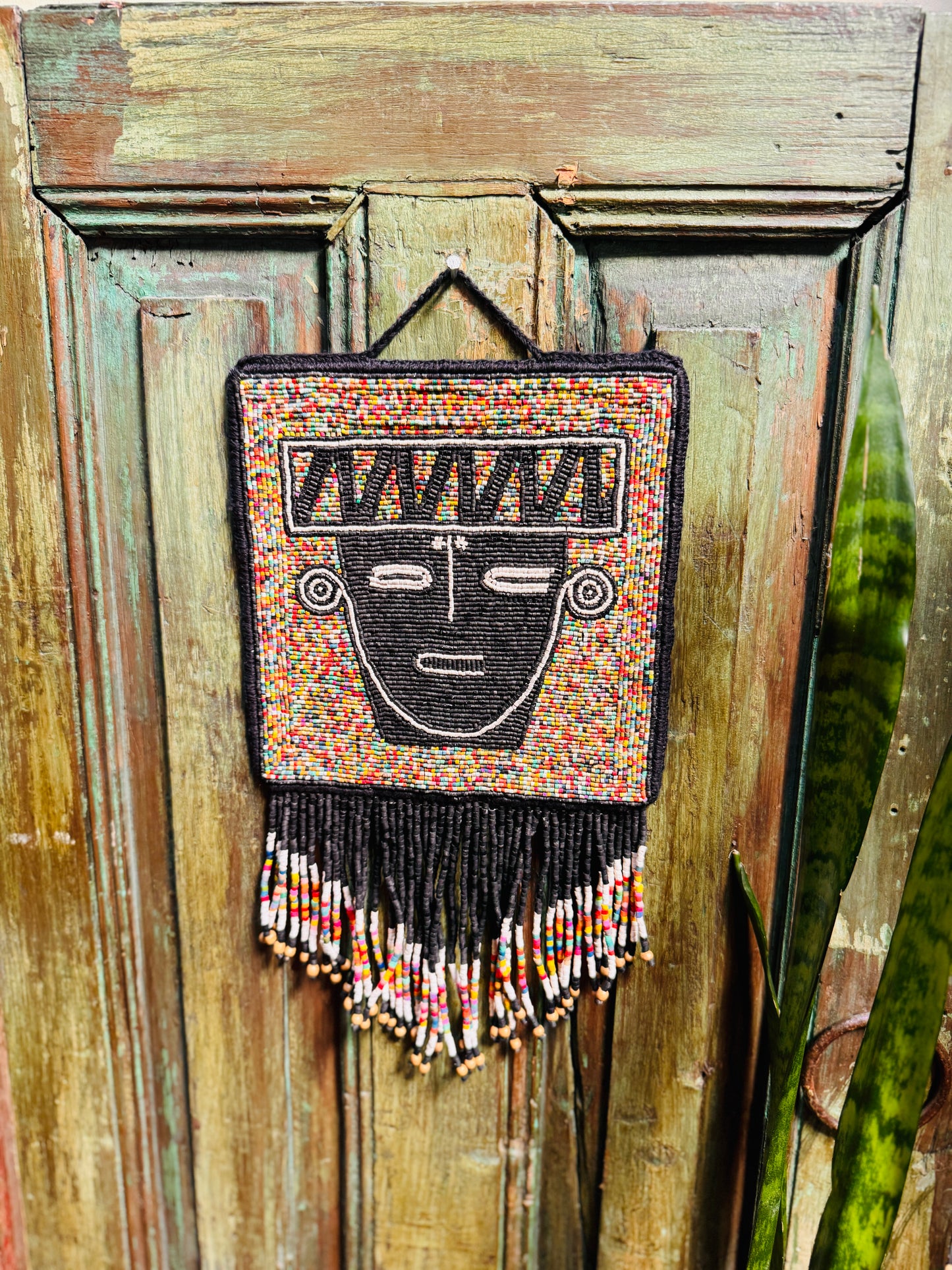 One-of-a-Kind Beaded Wall Art Hanging with Native Motifs - Handmade Ceramic Beads